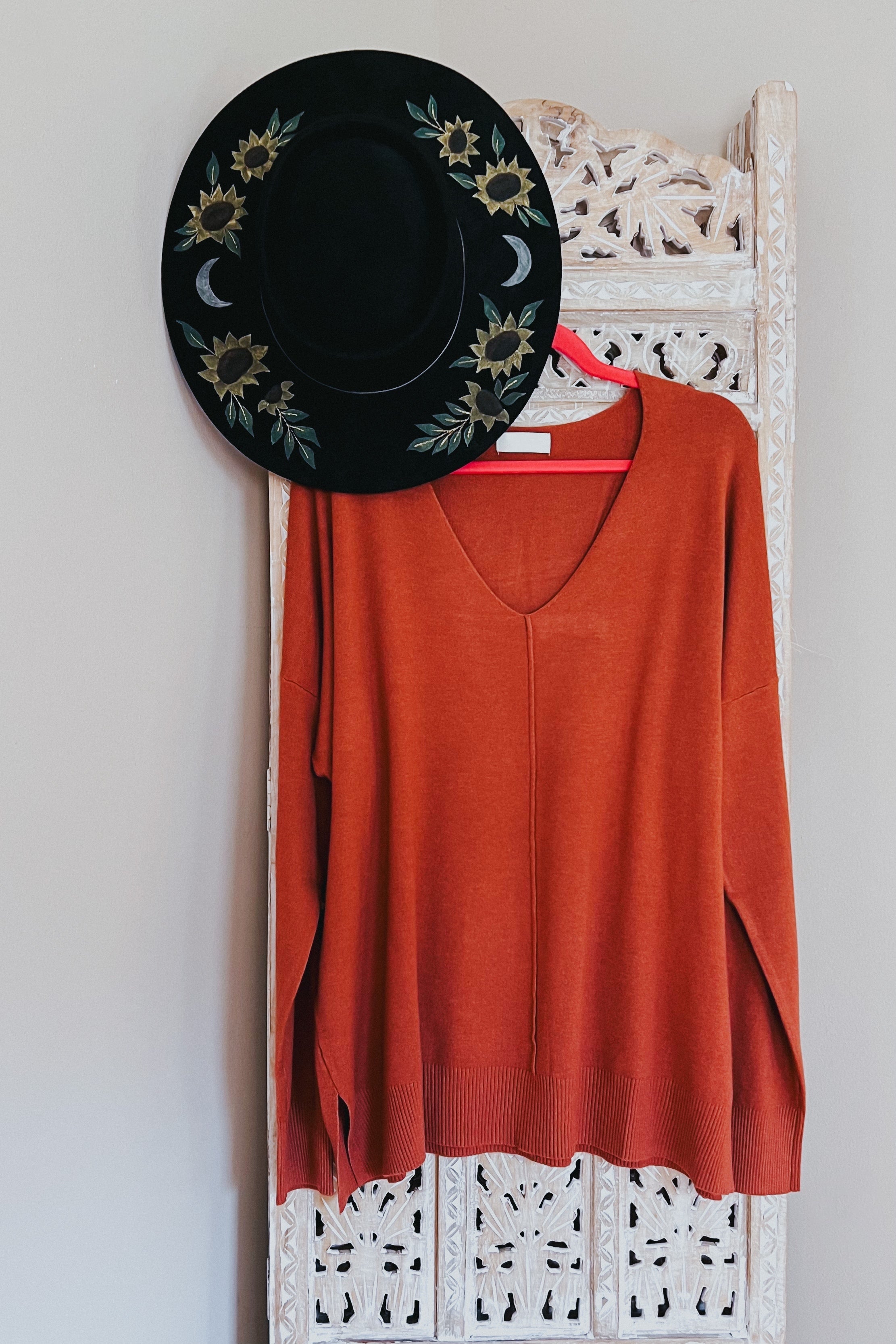 Hello Beautiful V Neck Sweater • Rust