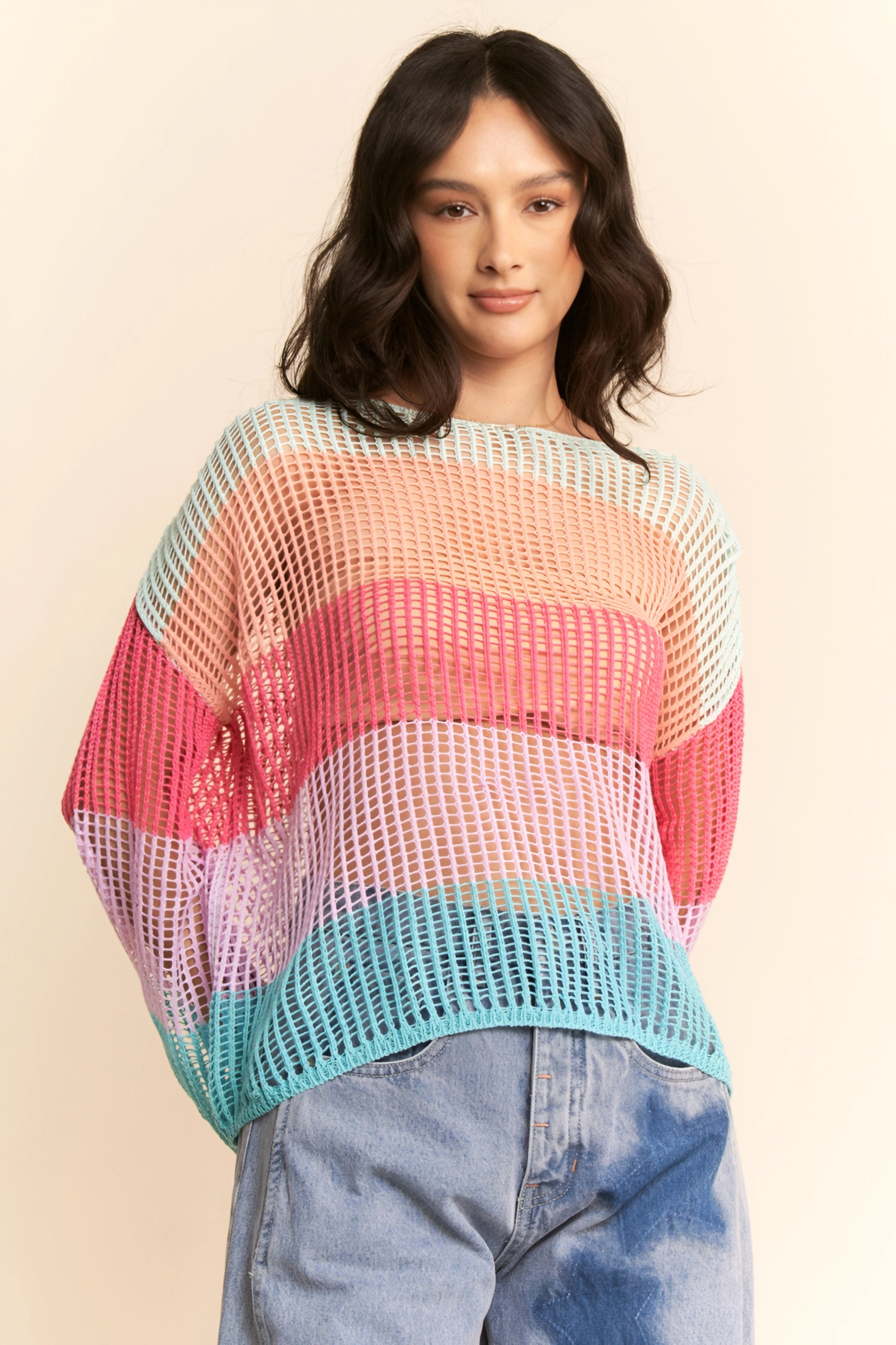 Friend Of A Friend Striped Bell Sleeve Crochet Mesh Pullover