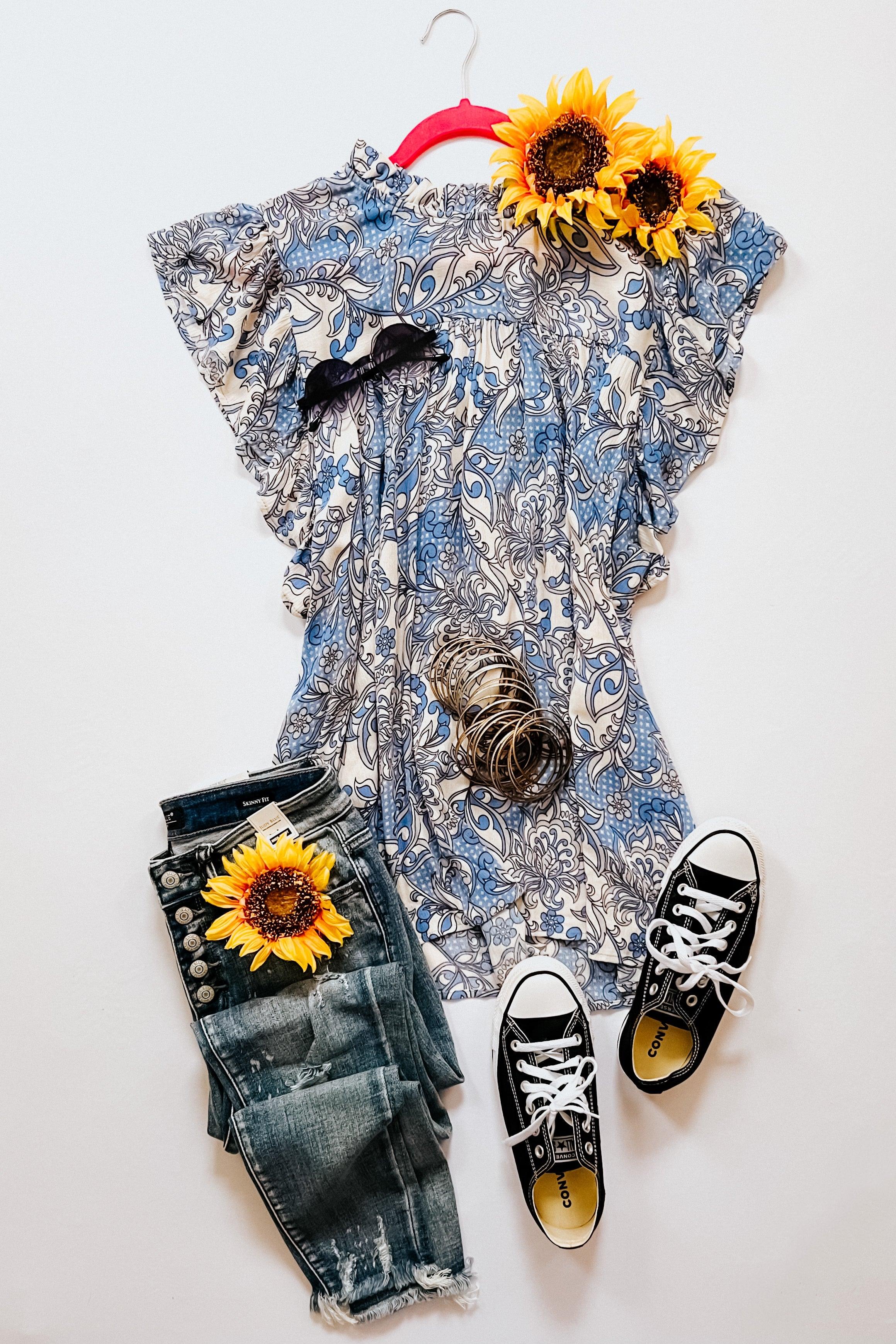 Maggie Paisley Mock Neck Flutter Sleeve Top - Atomic Wildflower