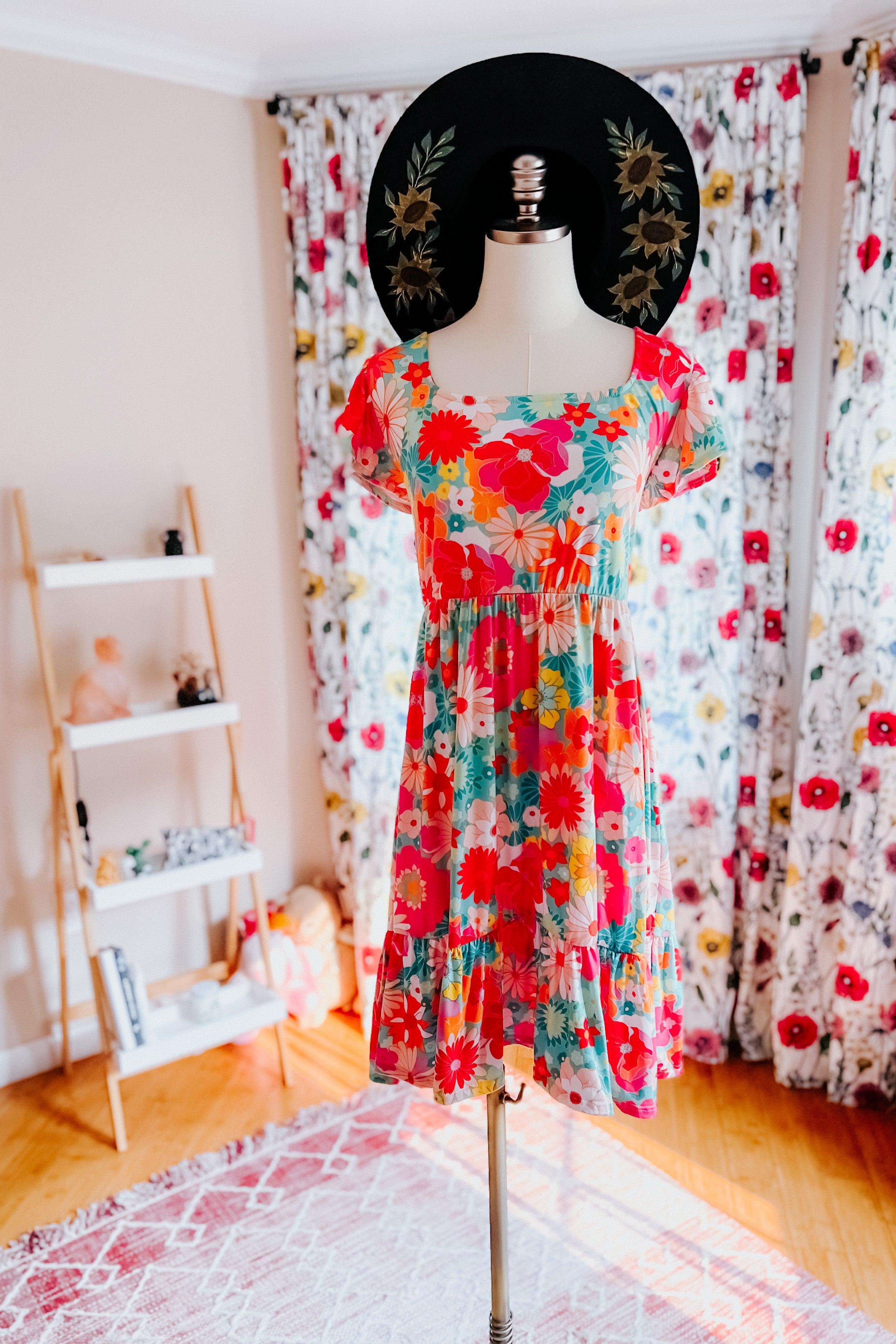 Sheen Of Spring Floral Square Neck Dress - Atomic Wildflower