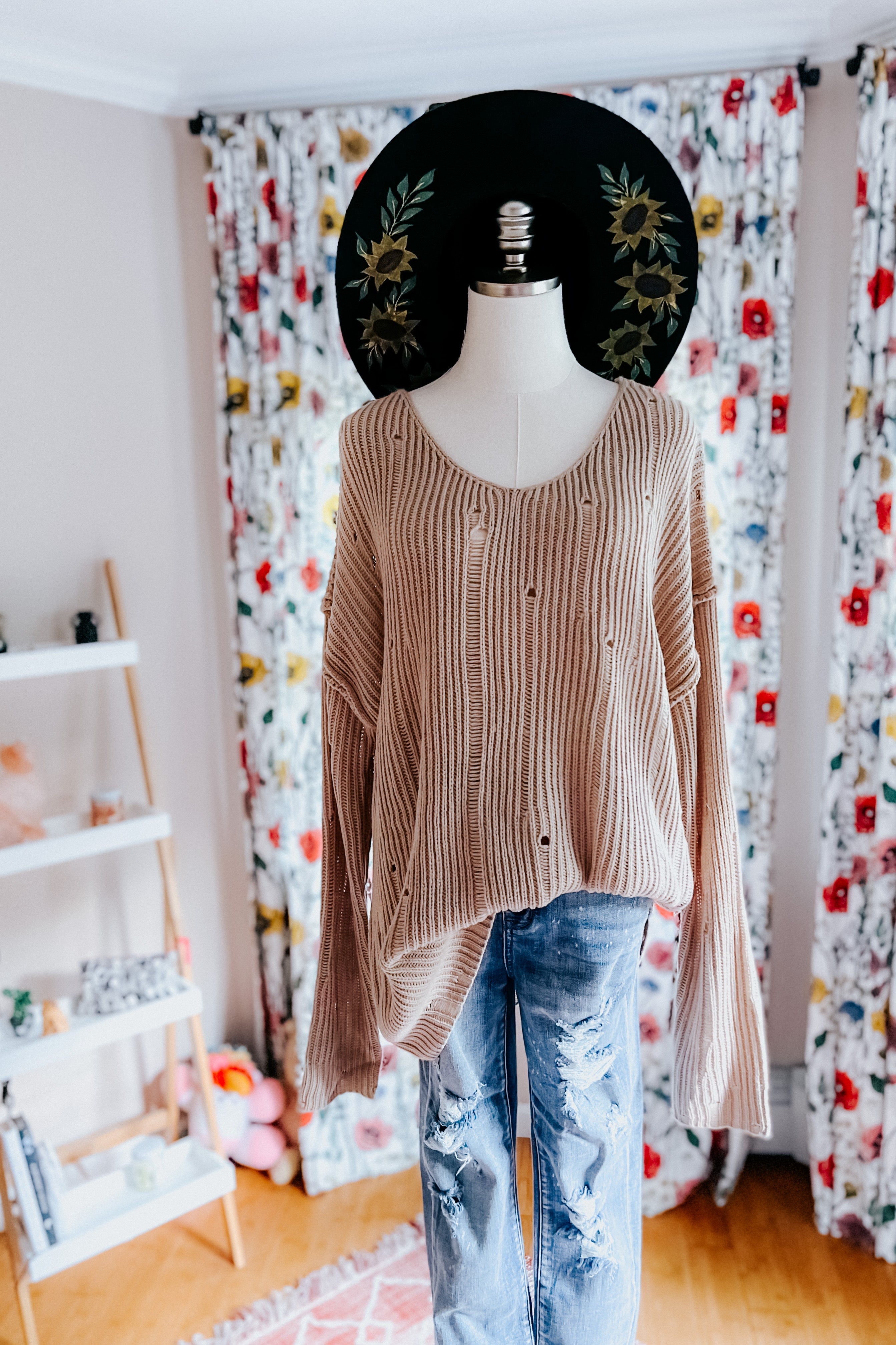 Comfy Day Distressed V Neck Sweater