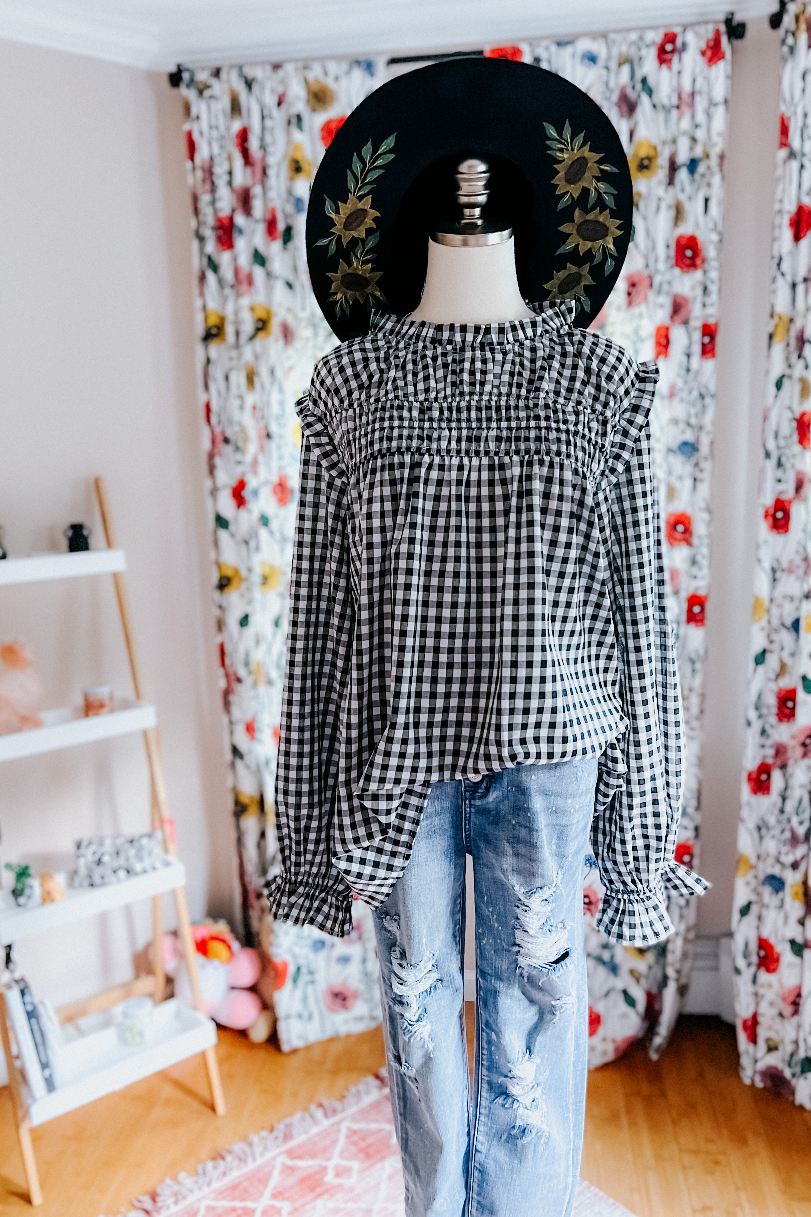 Adorable in Gingham Shirred Mock Neck Top • Black