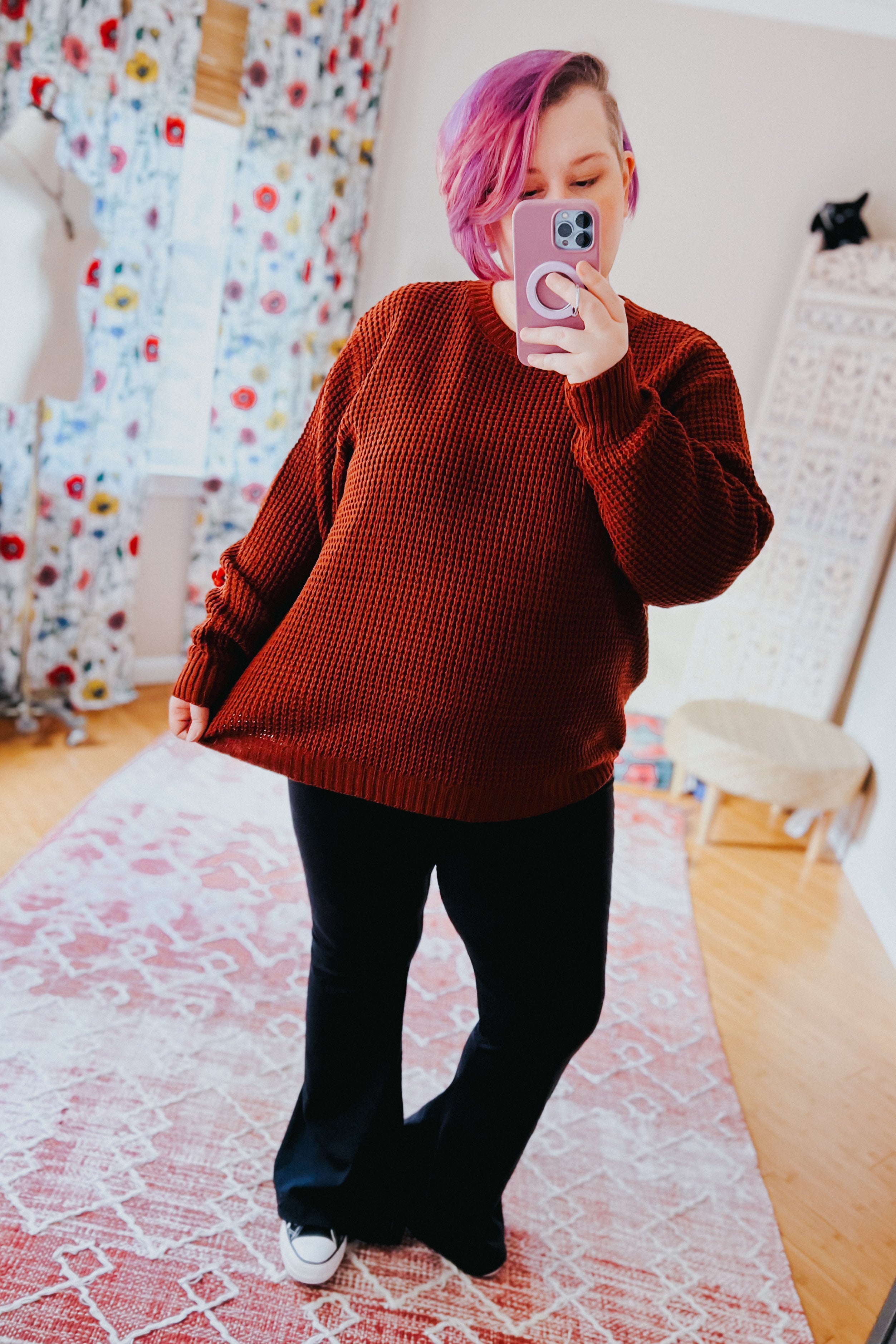 All Put Together Waffle Knit Hi-Low Sweater • Dark Rust