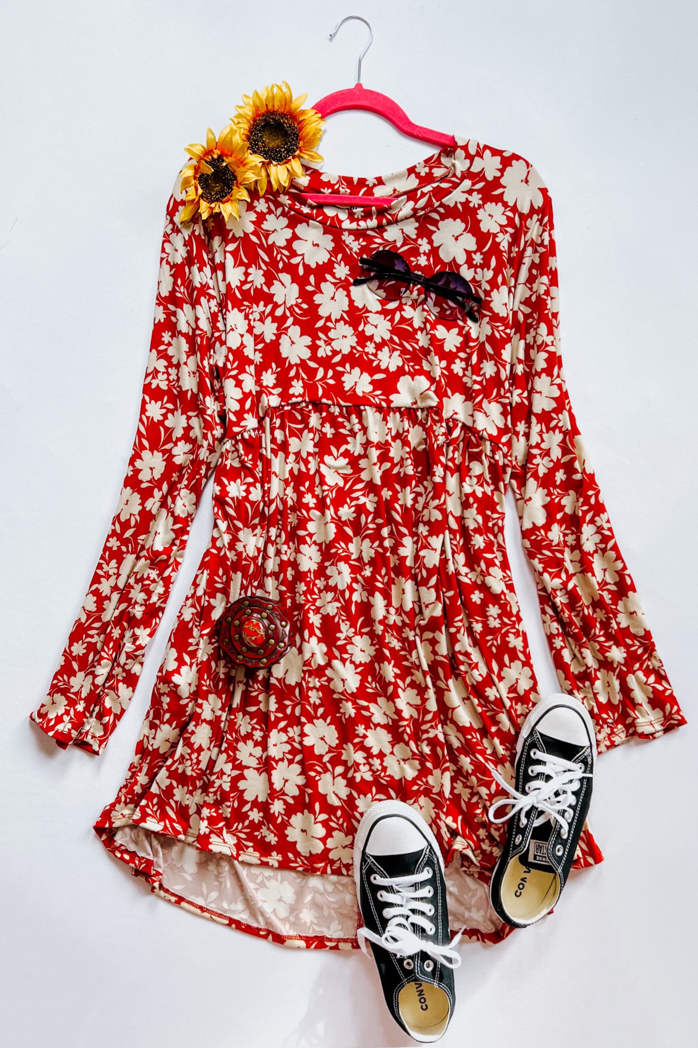 Just Be You Floral Long Sleeve Babydoll Dress • Rust
