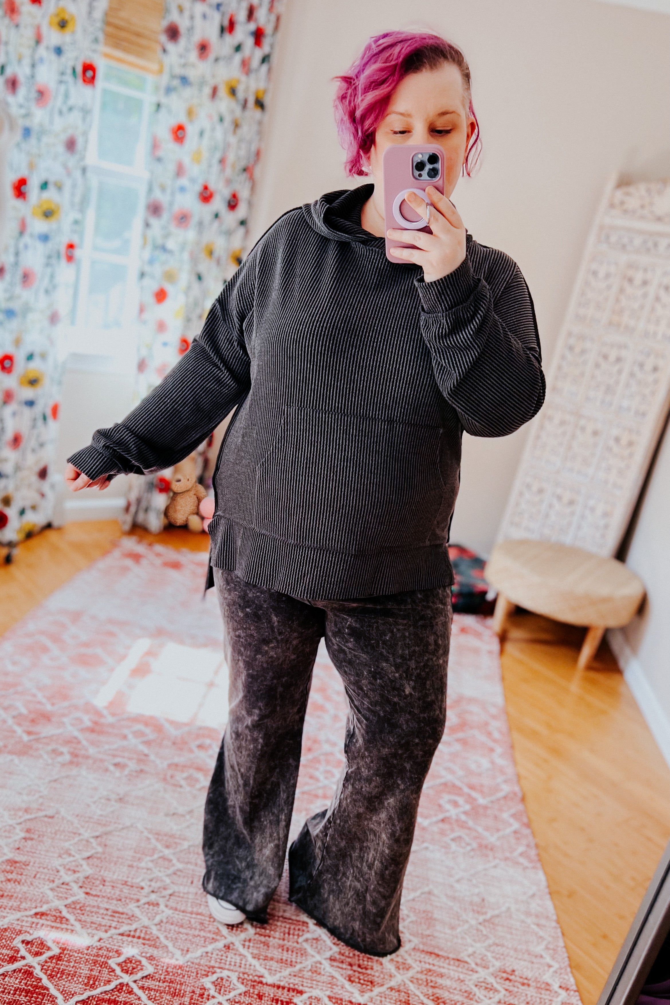 Cozy Up Mineral Wash Rib Knit Hoodie • Charcoal