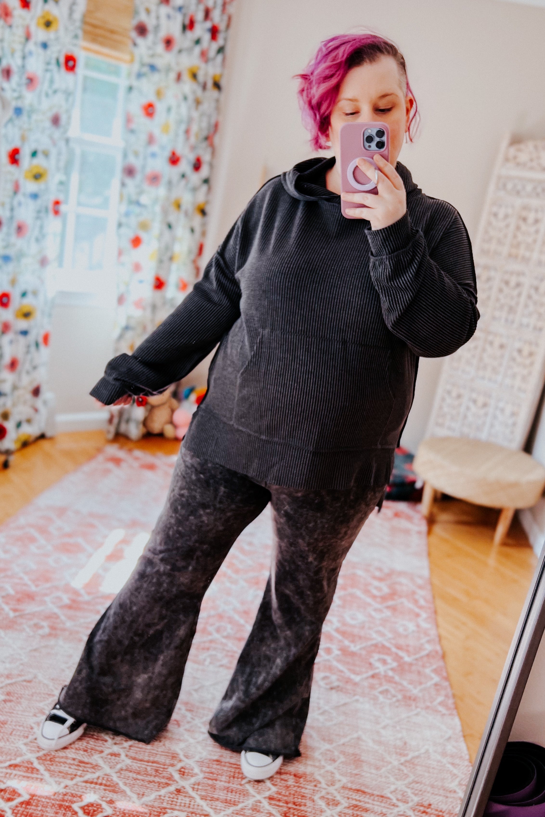 Cozy Up Mineral Wash Rib Knit Hoodie • Charcoal