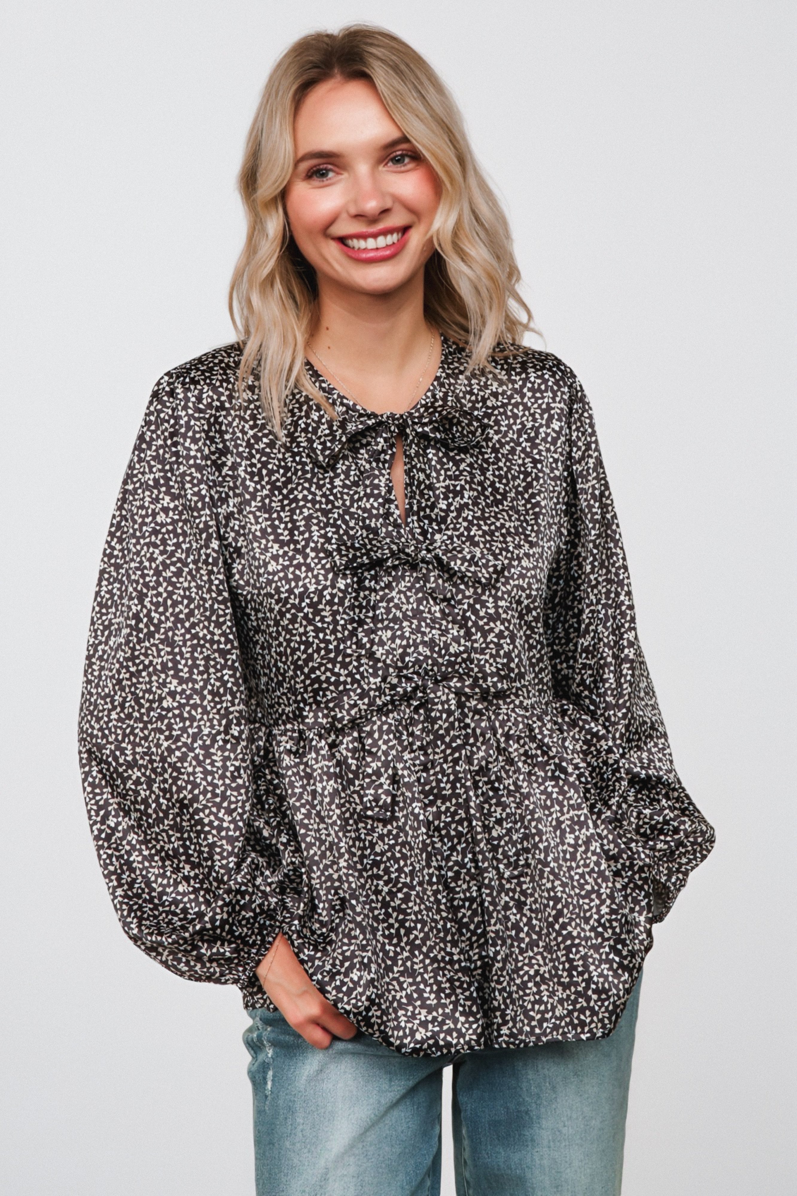 Midnight Petal Bowtie Blouse