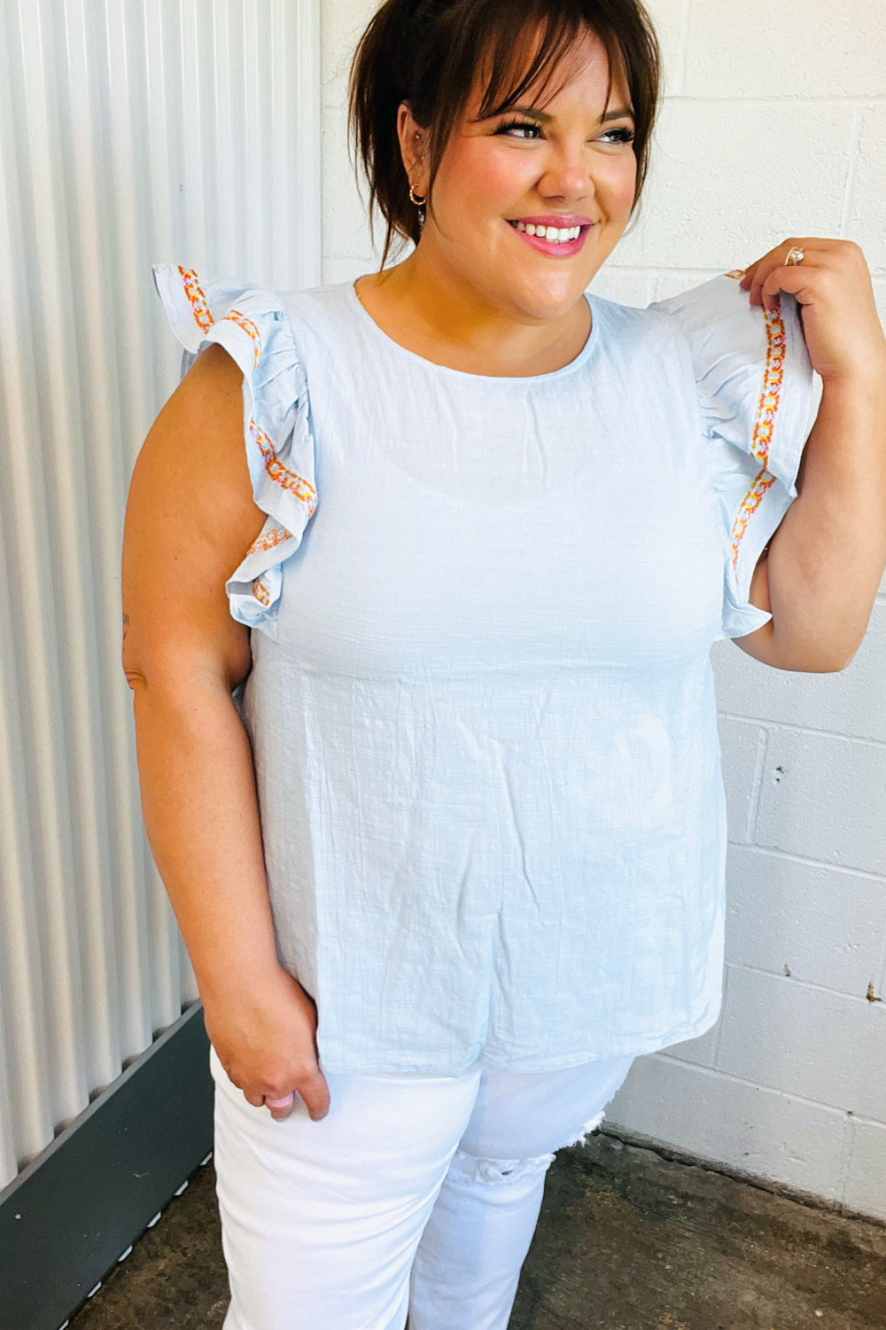 Carrie Embroidered Flutter Sleeve Top