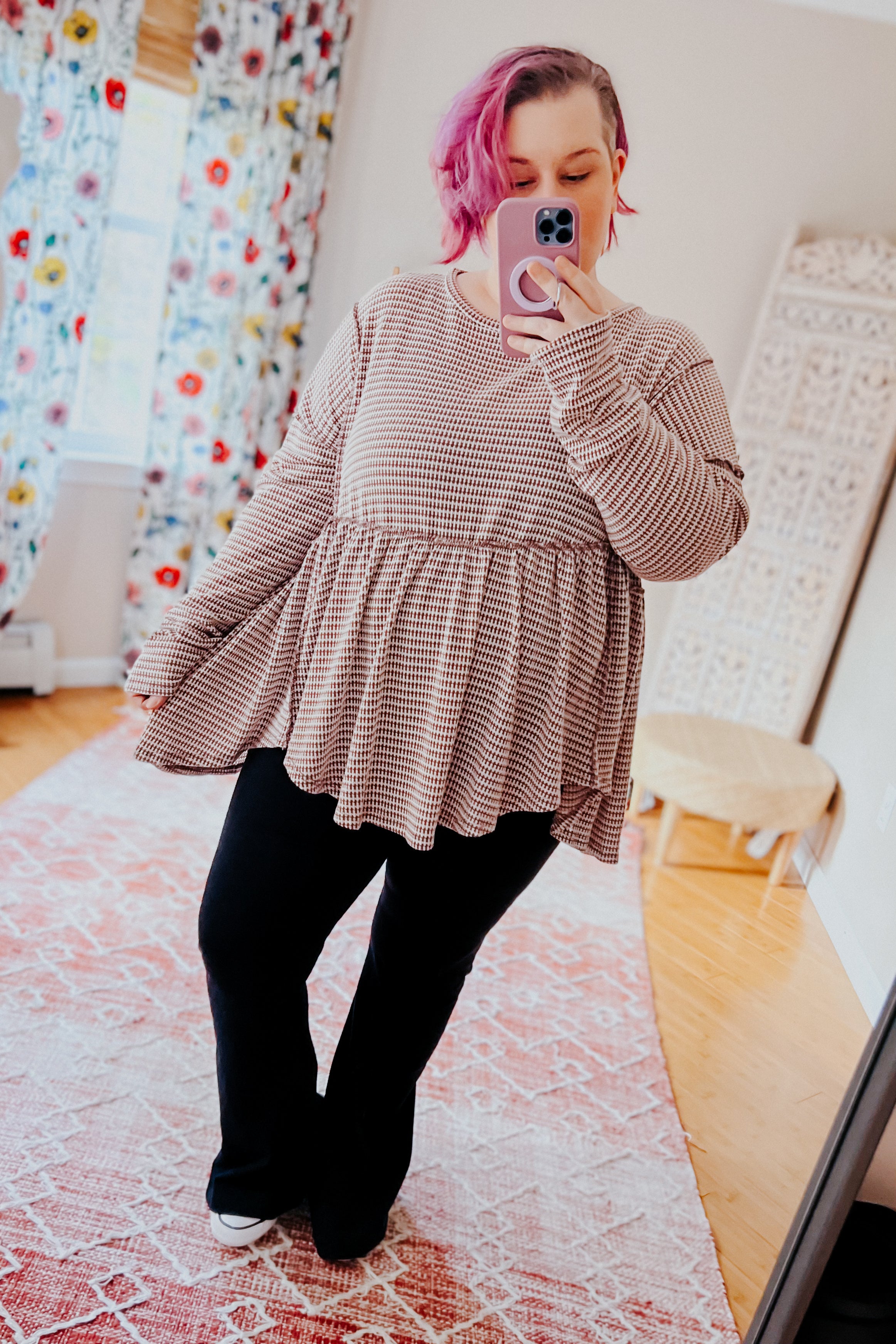 Fall Days Two Tone Jacquard Knit Babydoll Top