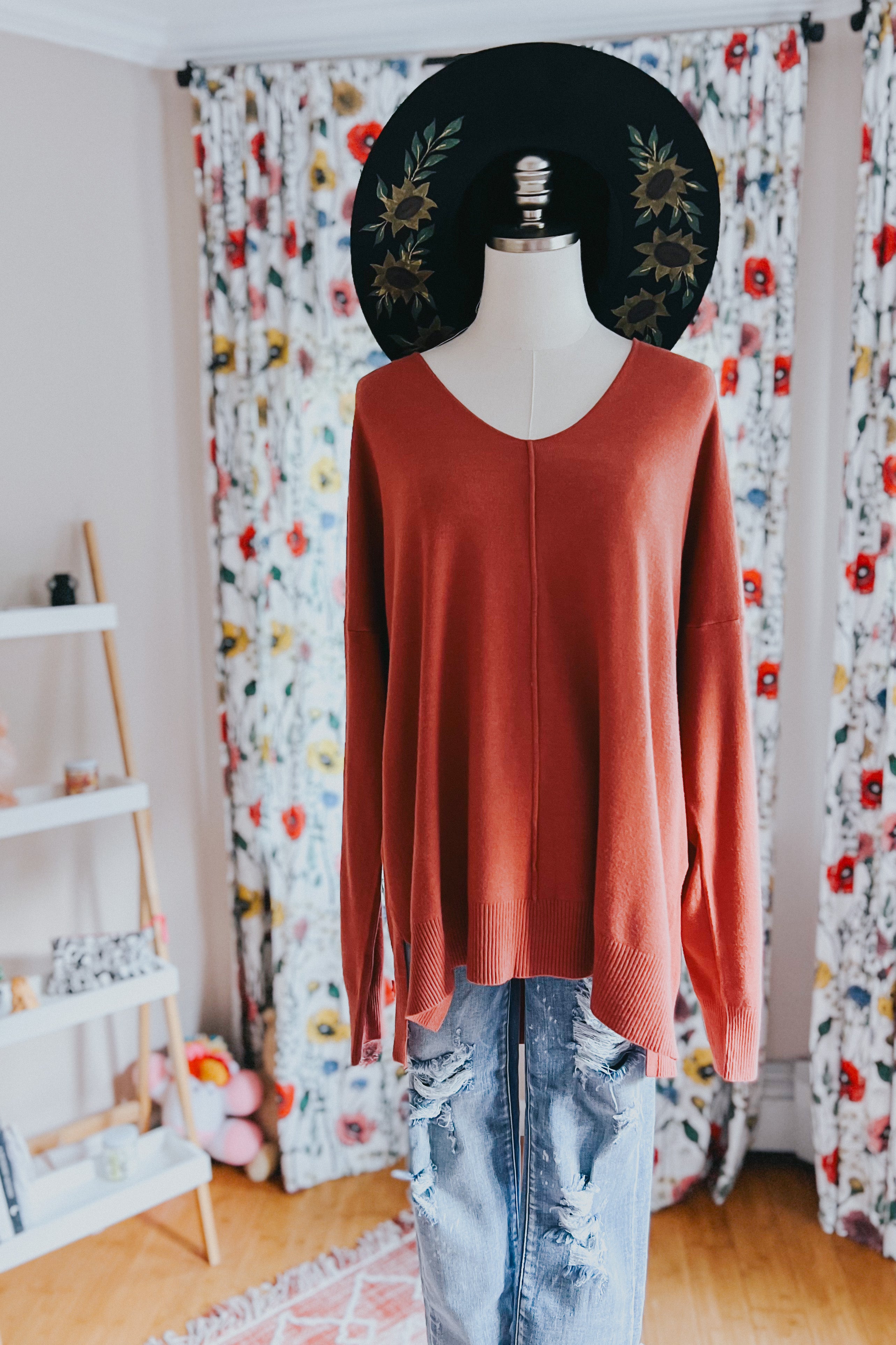 Hello Beautiful V Neck Sweater • Rust