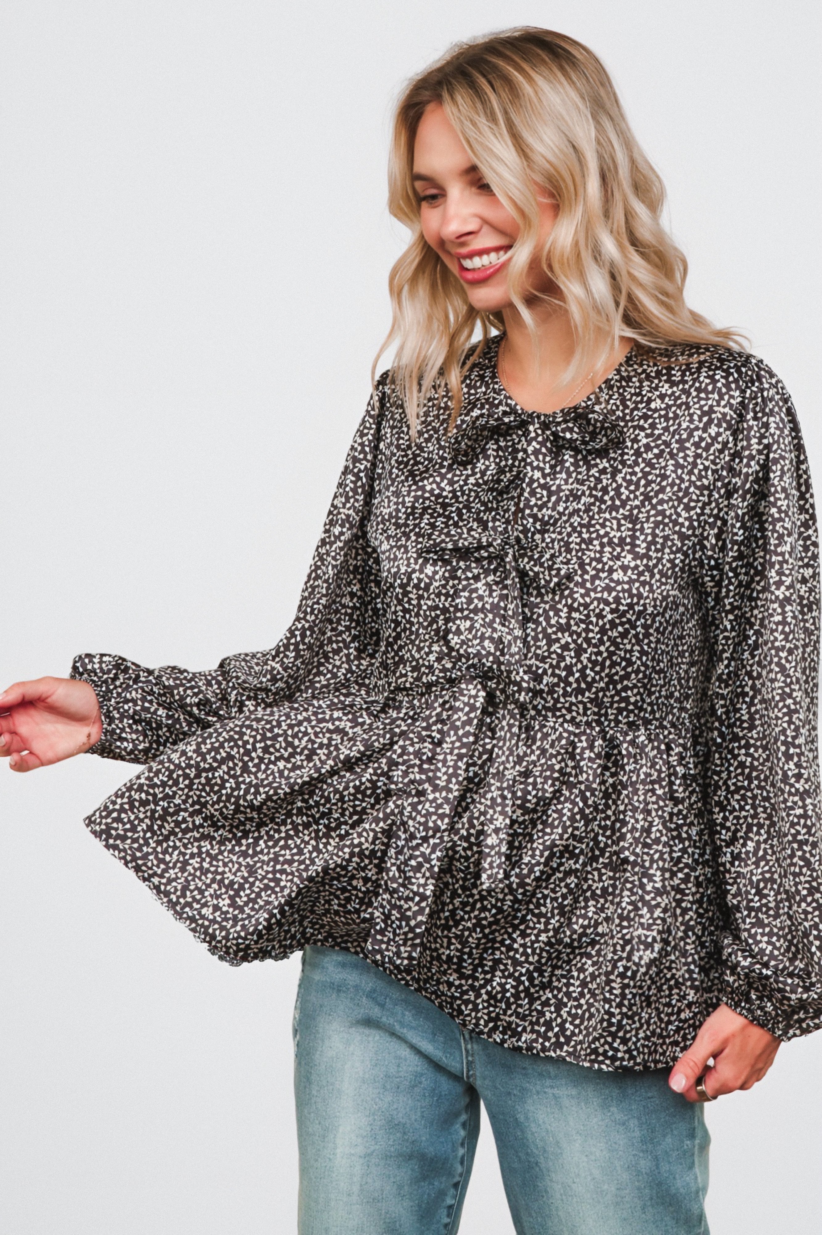Midnight Petal Bowtie Blouse
