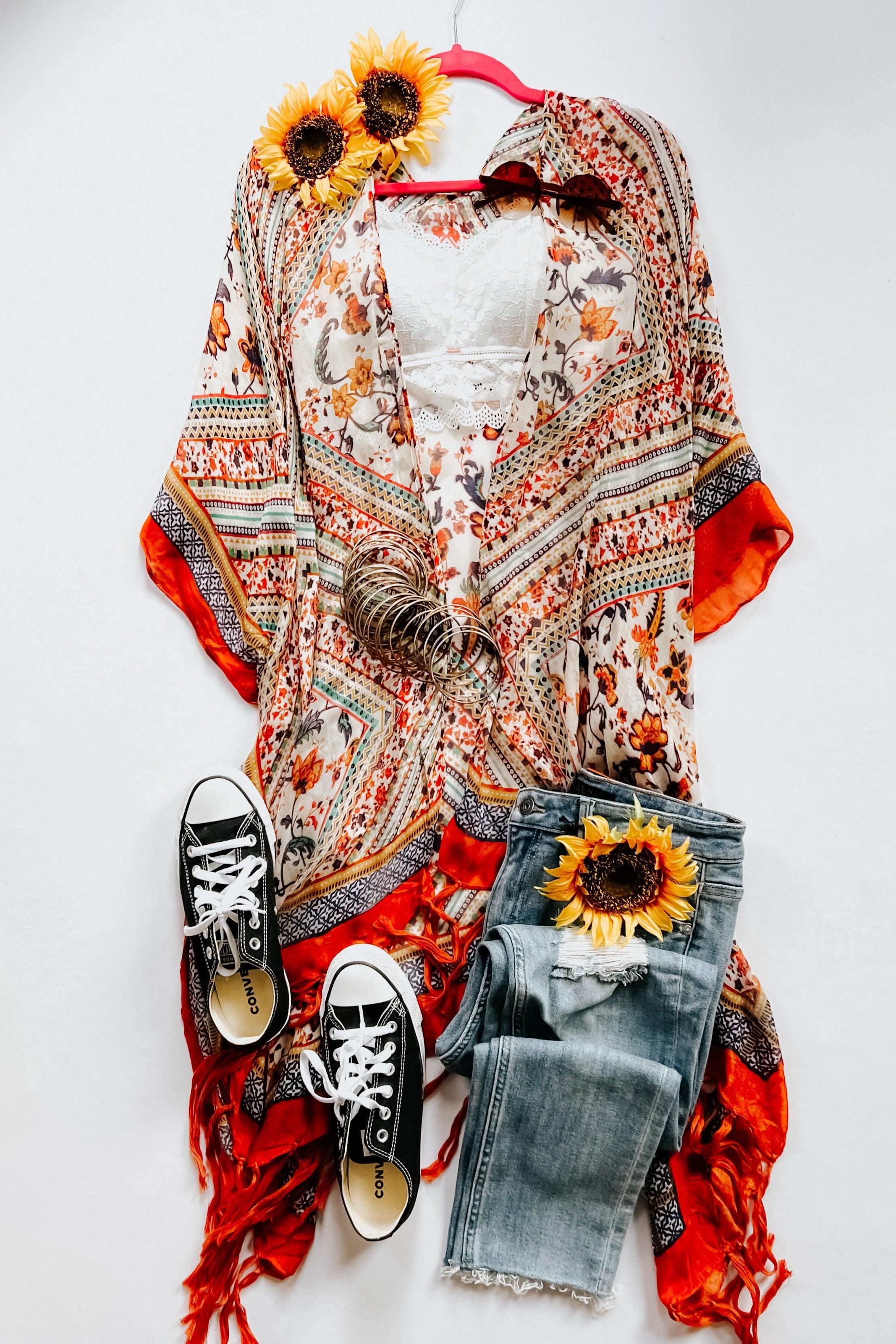 Delia Bohemian Diamond Tassel Kimono • Rust - Atomic Wildflower