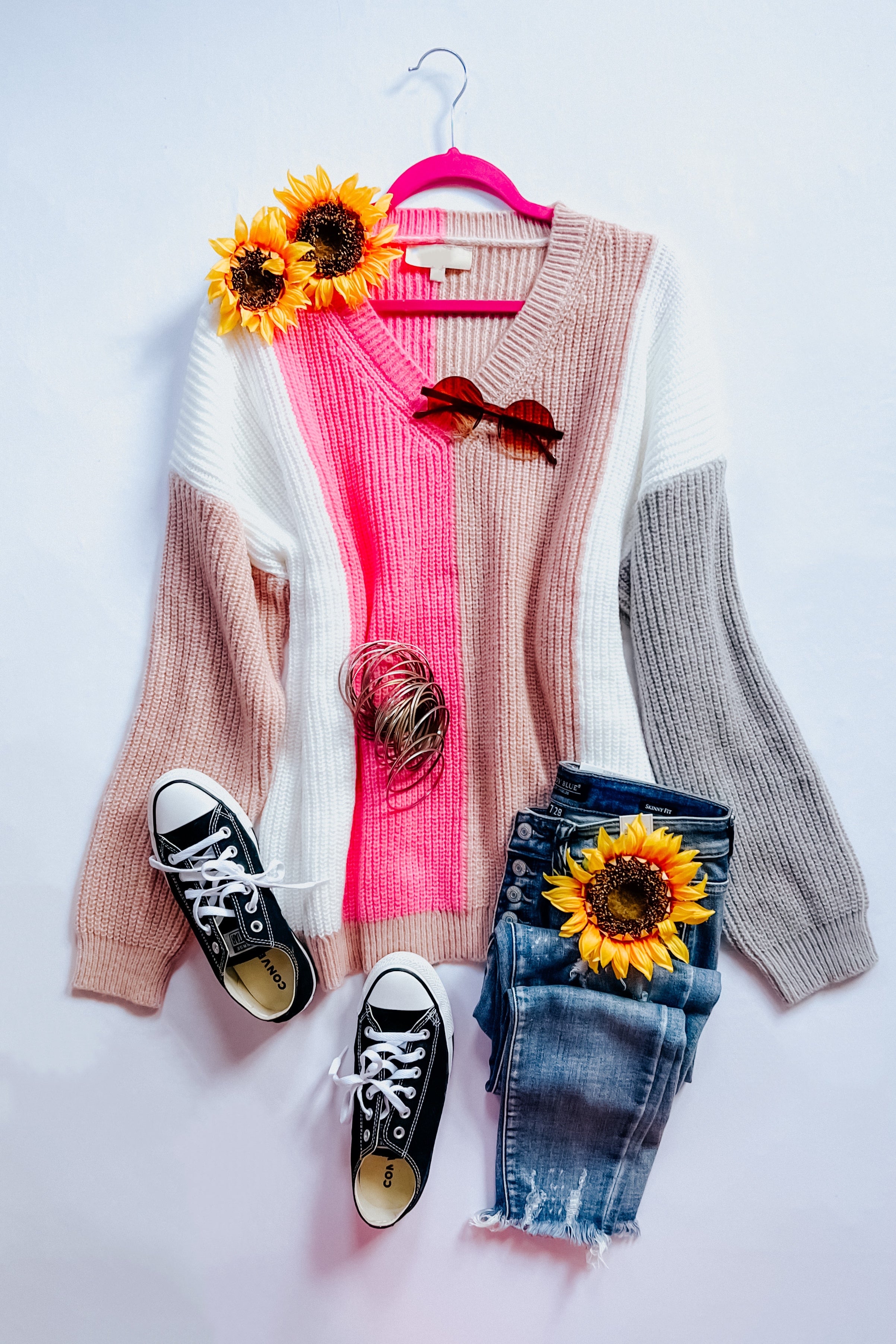 Always Mine V Neck Color Block Sweater Top
