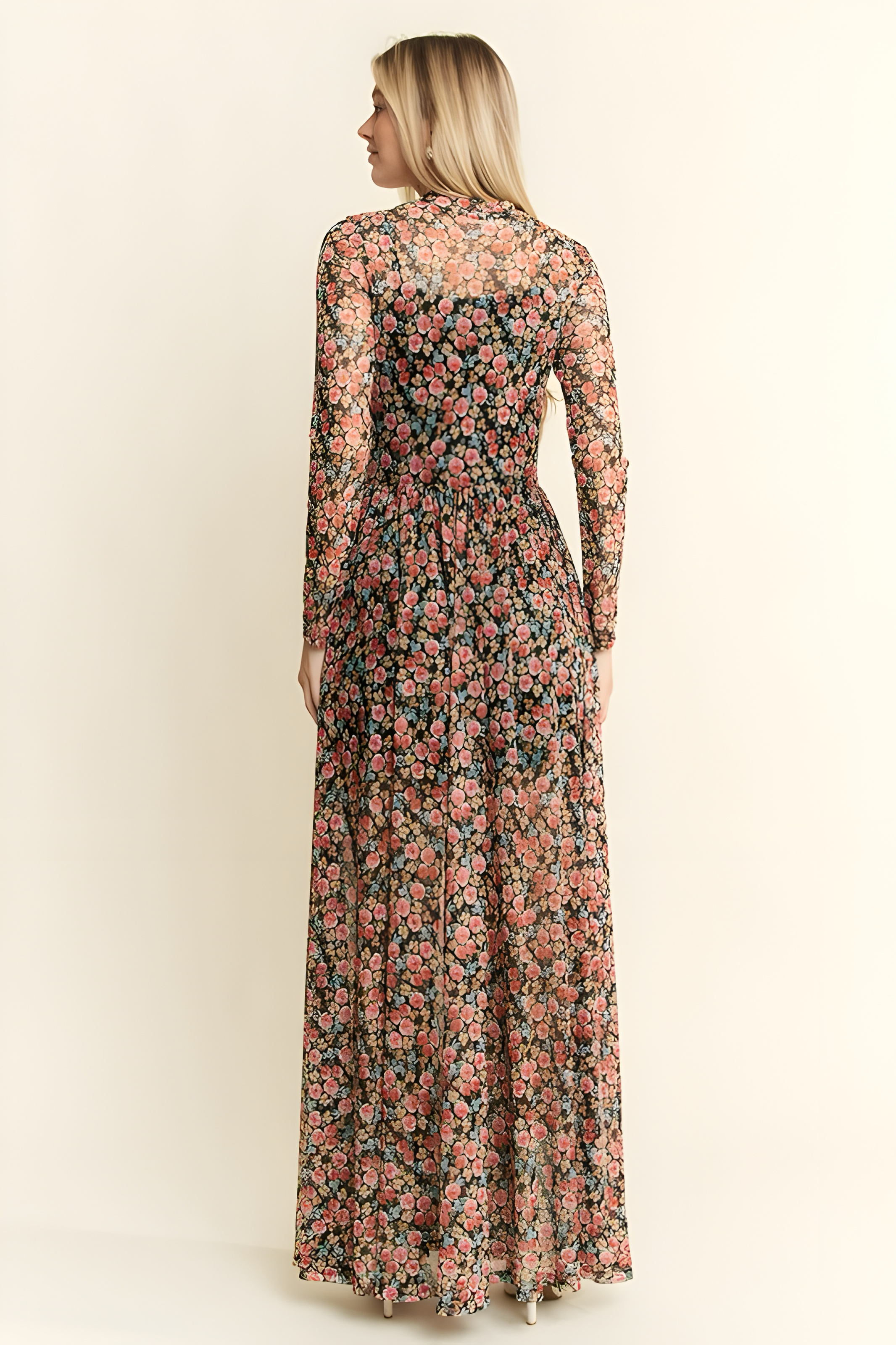 Full Bloom Long Sleeve Floral Print Mesh Maxi Dress