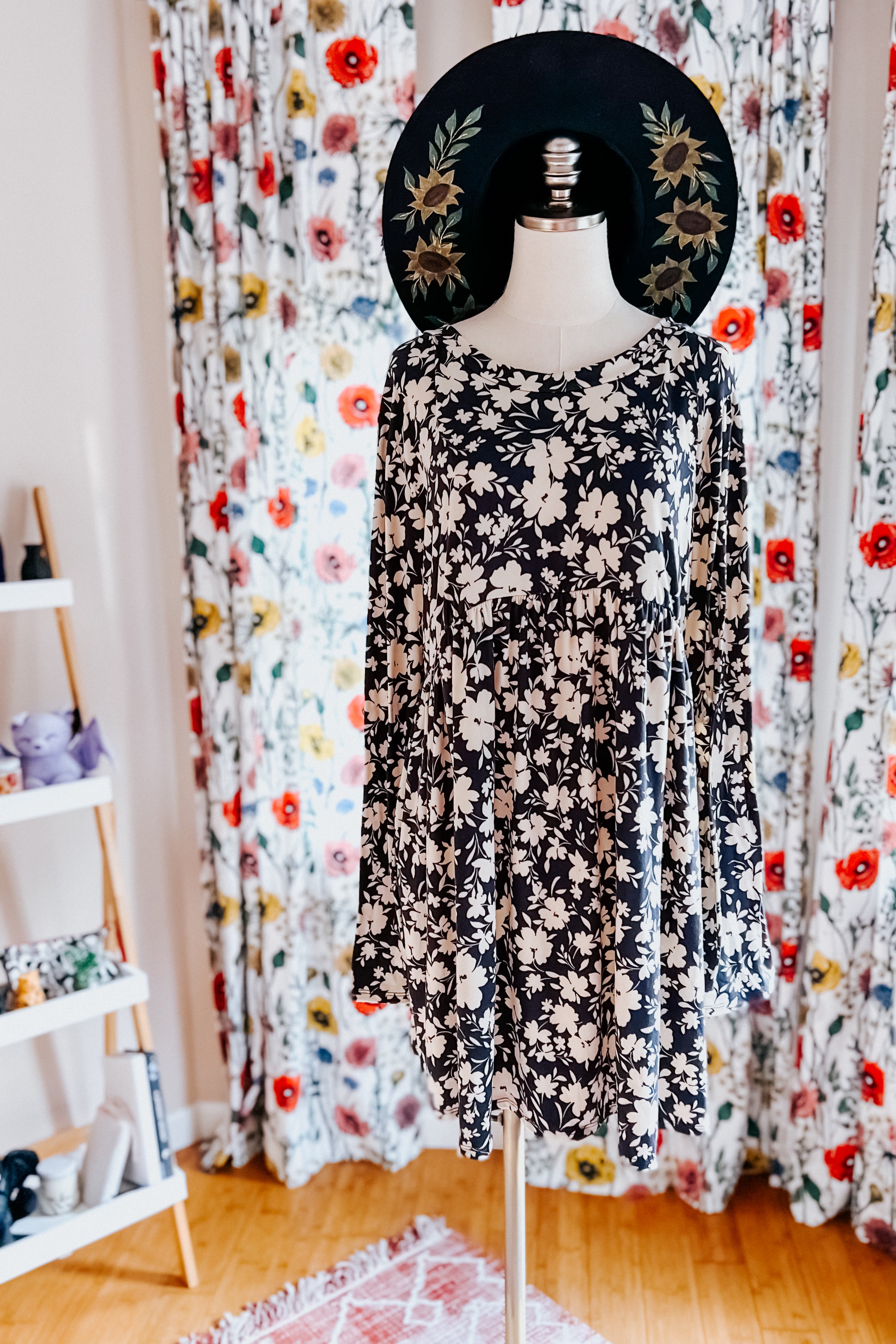 Just Be You Floral Long Sleeve Babydoll Dress • Charcoal Blue