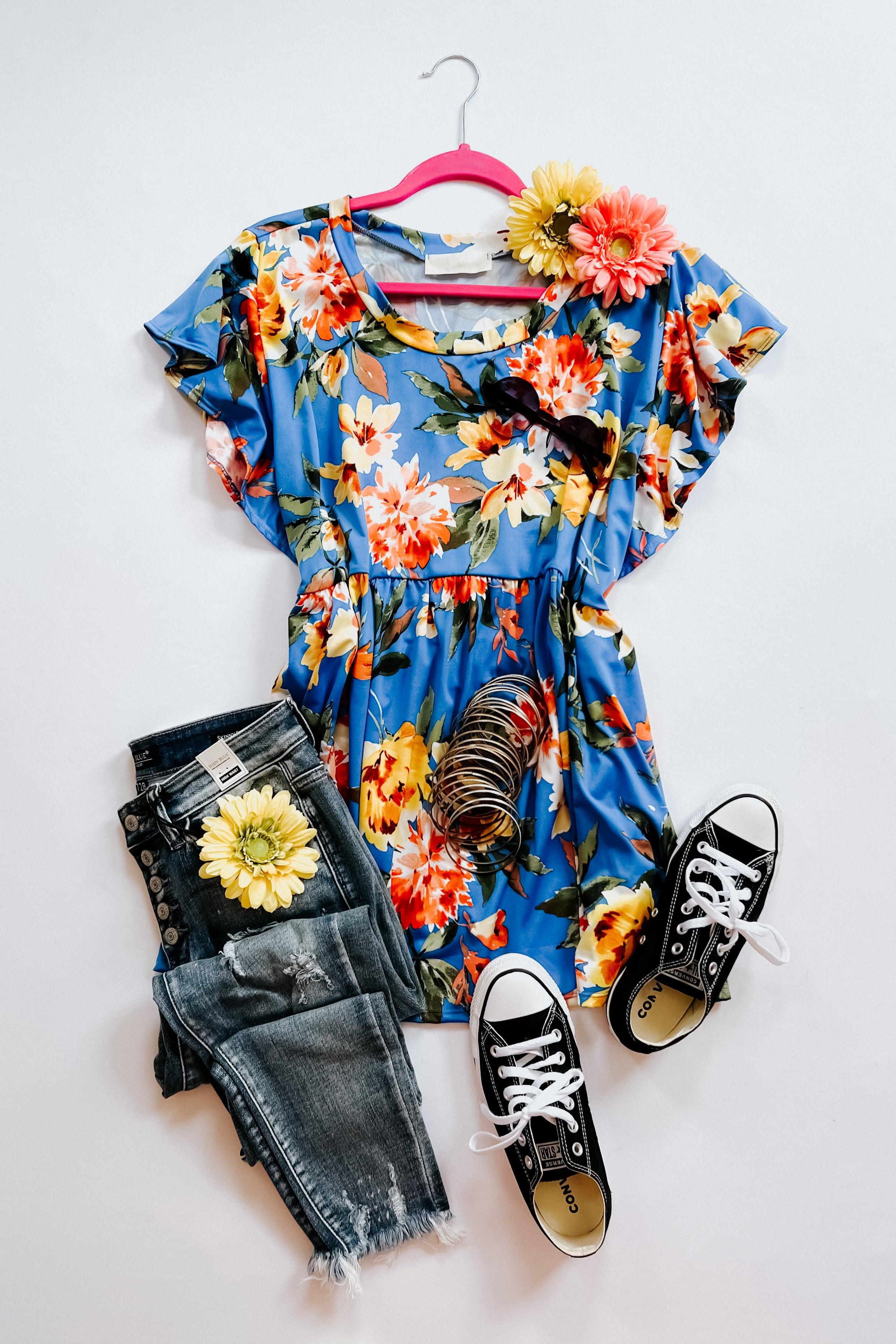 Easy Does It Ruffle Sleeve Babydoll Top - Atomic Wildflower