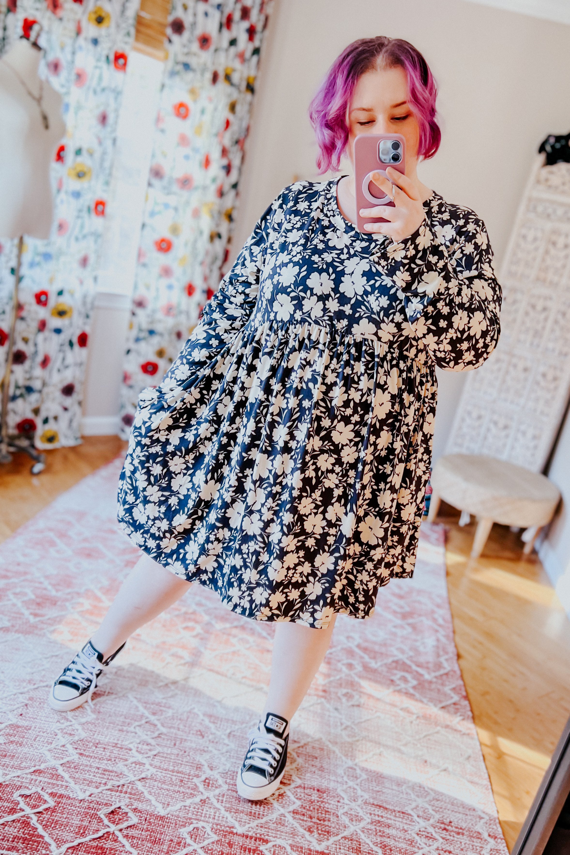 Just Be You Floral Long Sleeve Babydoll Dress • Charcoal Blue