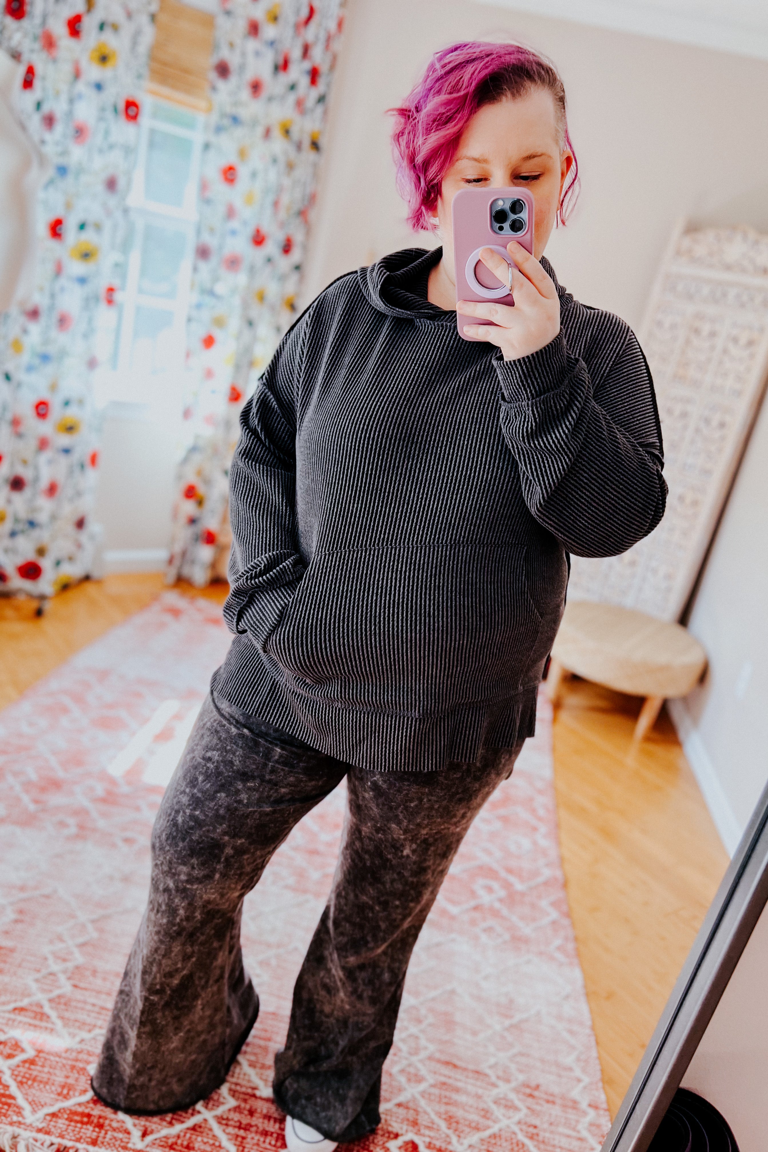 Cozy Up Mineral Wash Rib Knit Hoodie • Charcoal