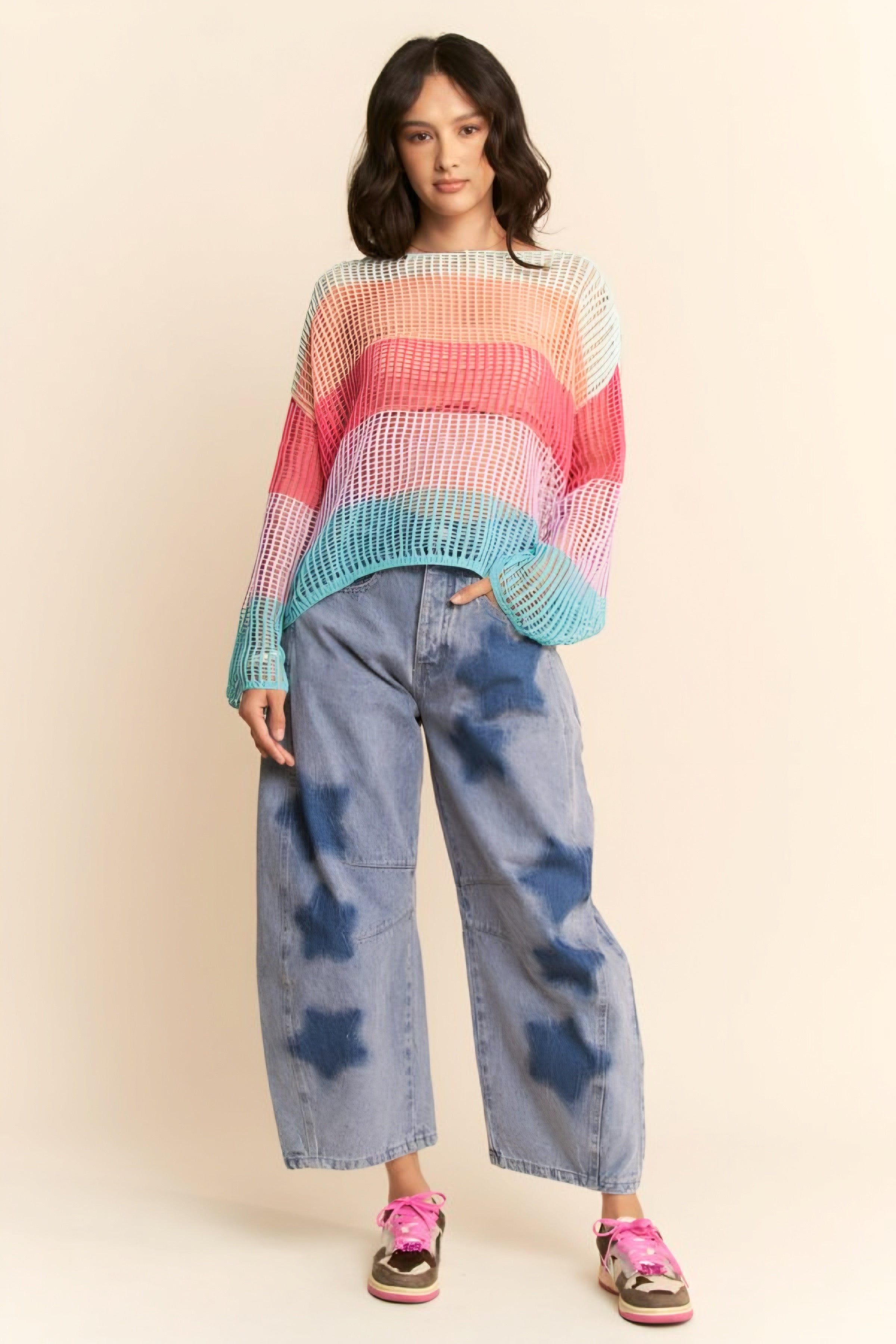 Friend Of A Friend Striped Bell Sleeve Crochet Mesh Pullover