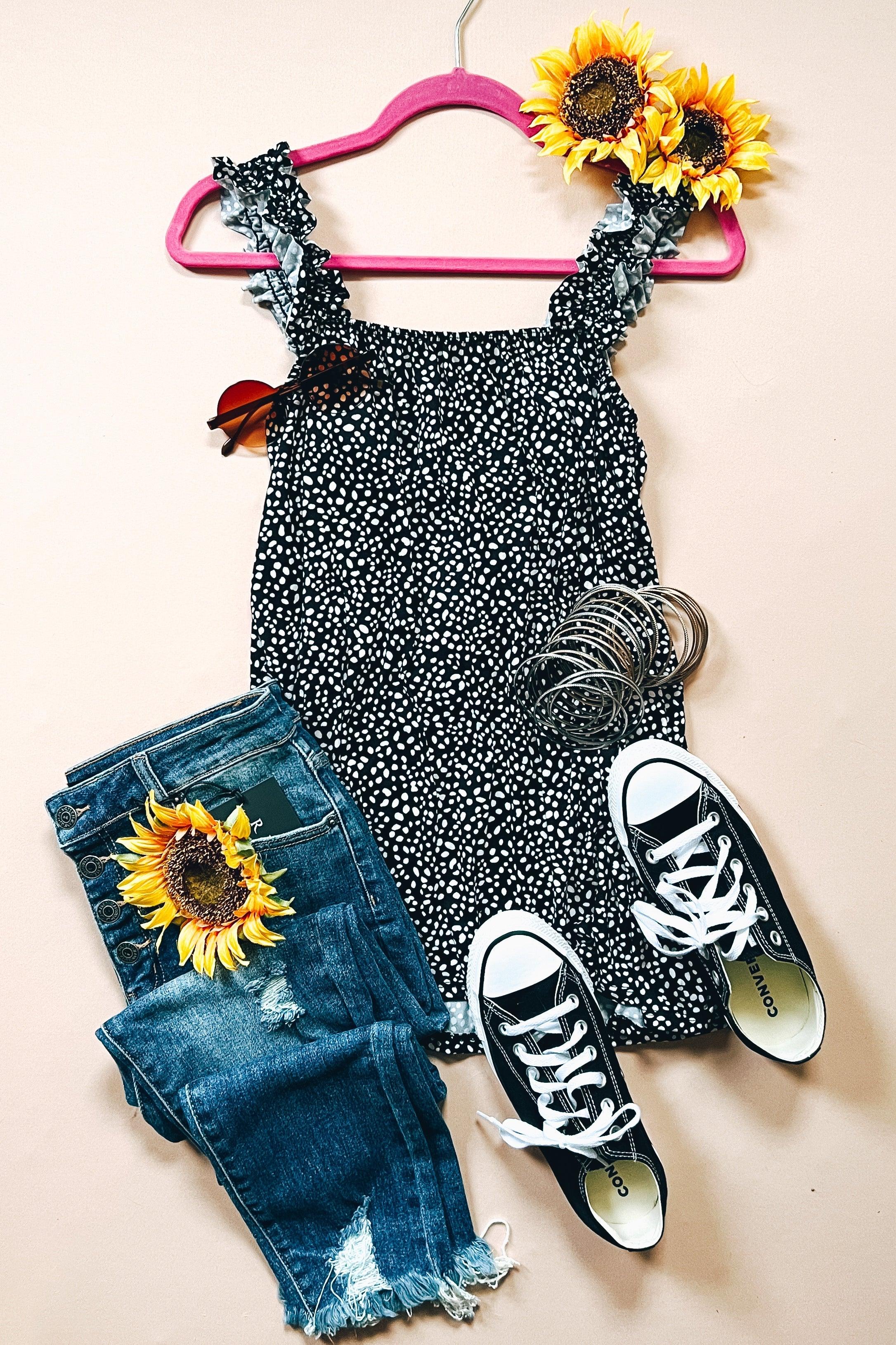 Sweet Spots Frill Shoulder Tank • Black