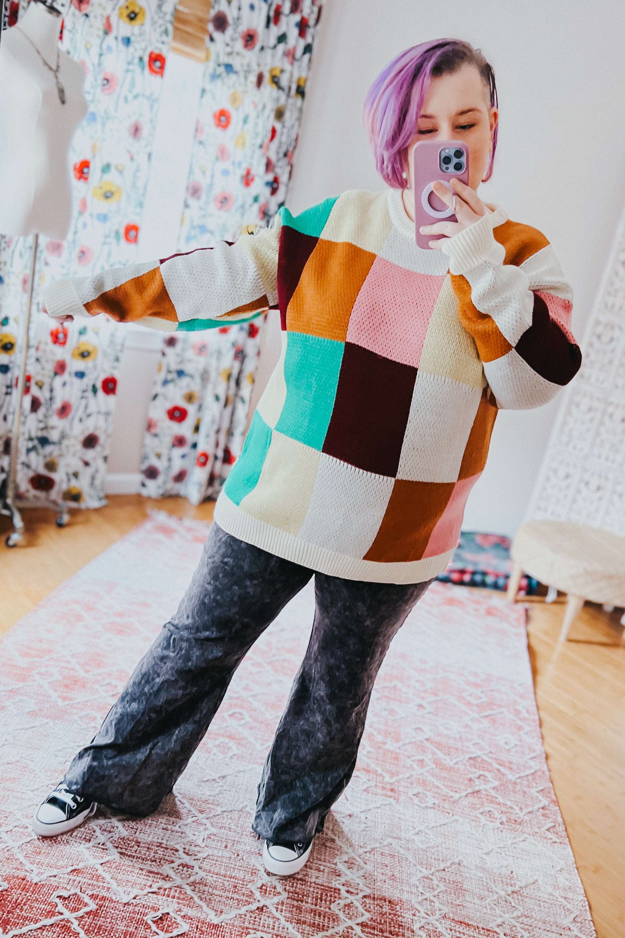 Adorable In Checker Jacquard Knit Sweater