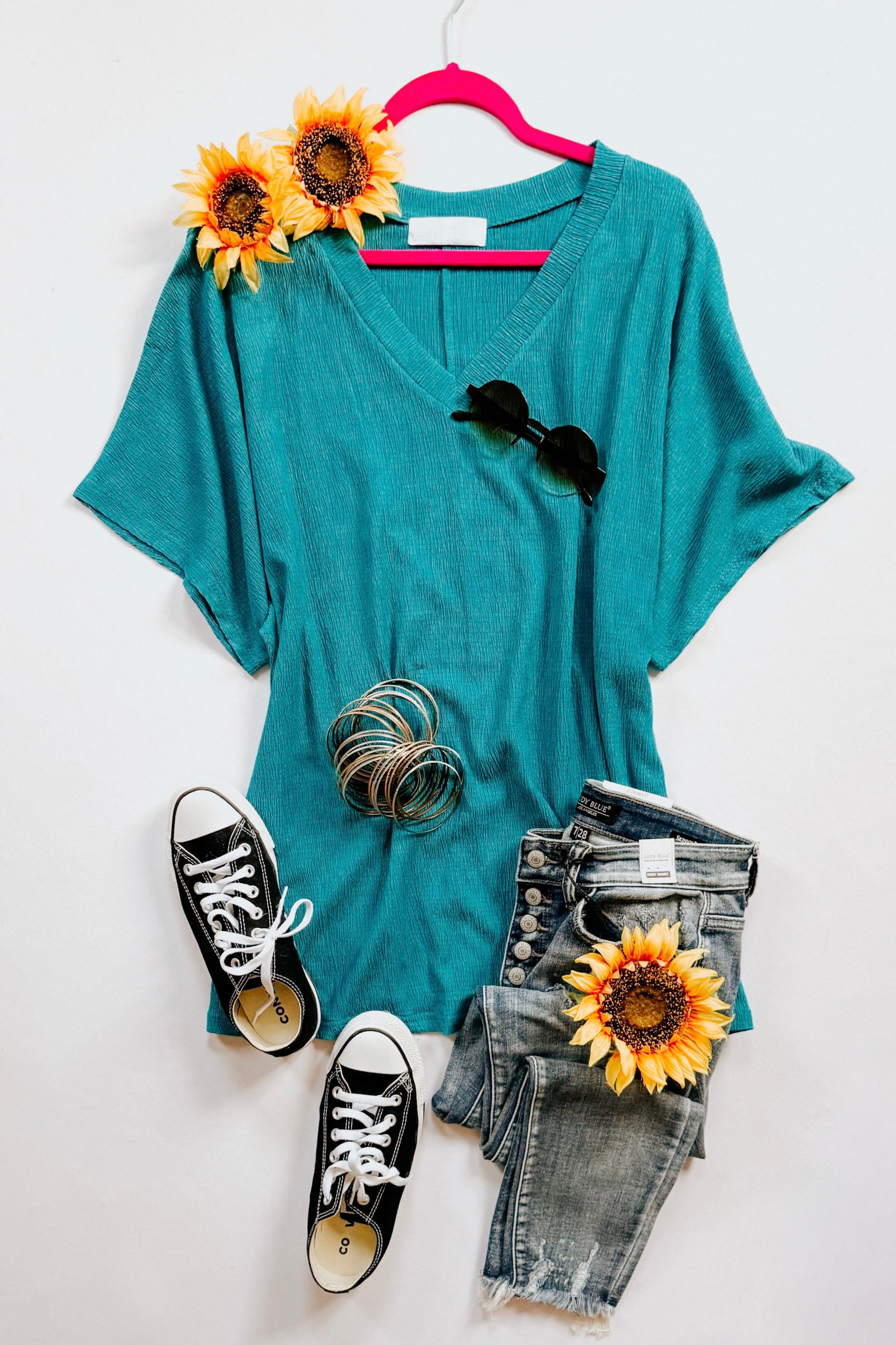 Trial and Error Textured V-Neck Blouse • Teal