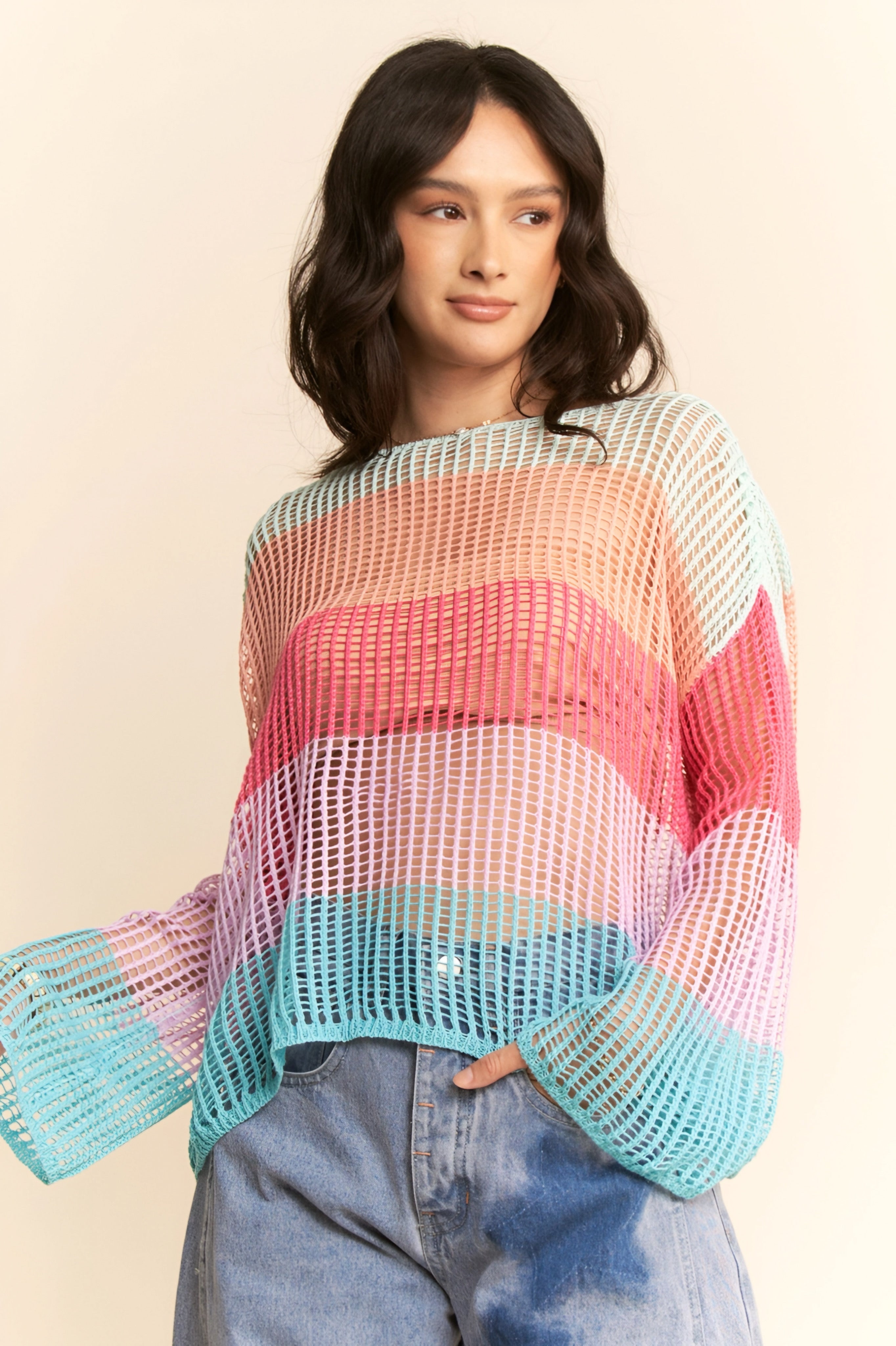 Friend Of A Friend Striped Bell Sleeve Crochet Mesh Pullover