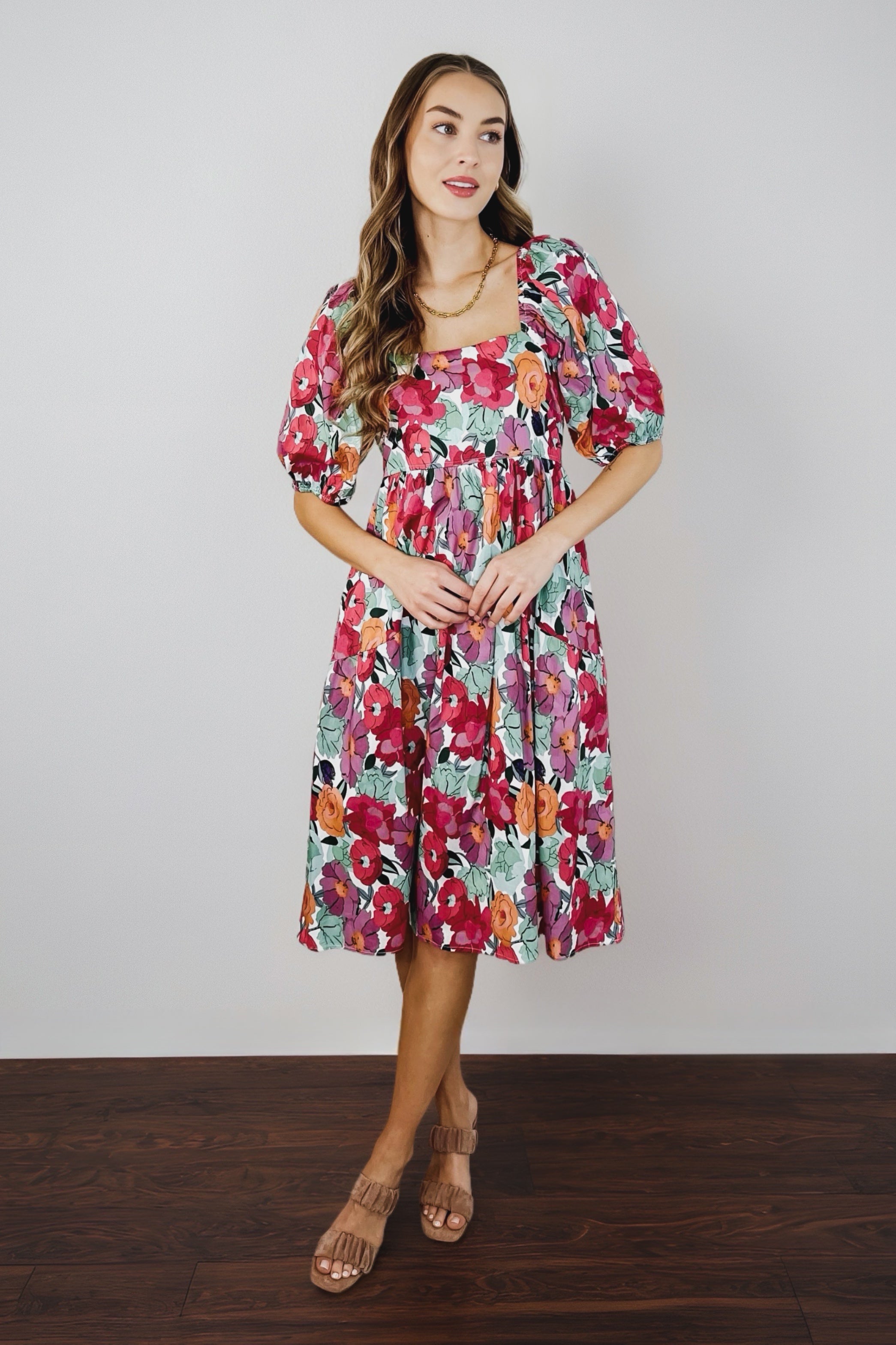 Dewdrop Blooms Puff Sleeve Floral Dress