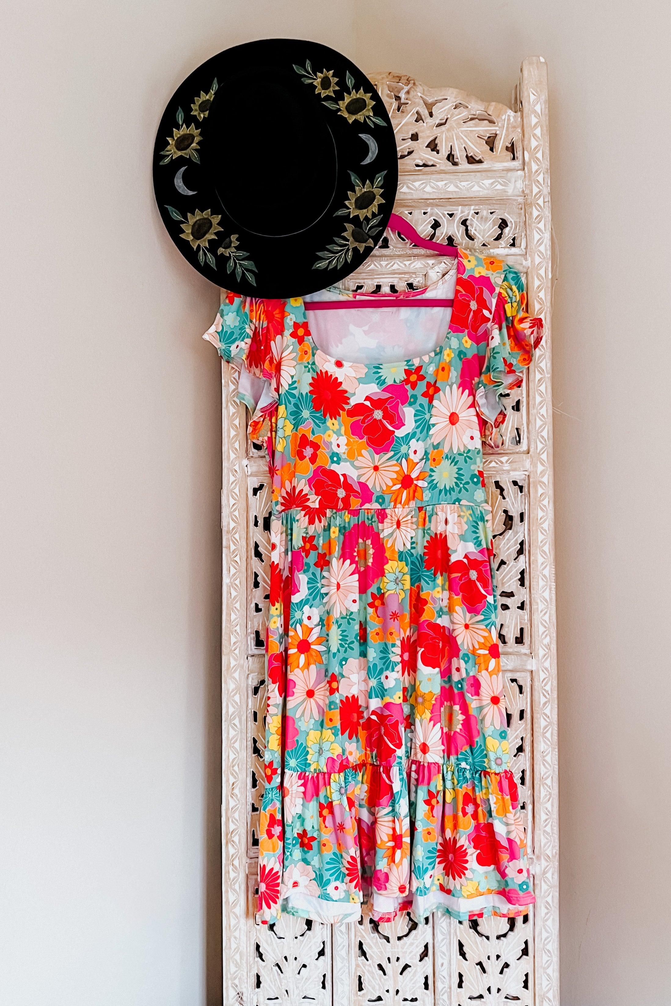 Sheen Of Spring Floral Square Neck Dress - Atomic Wildflower
