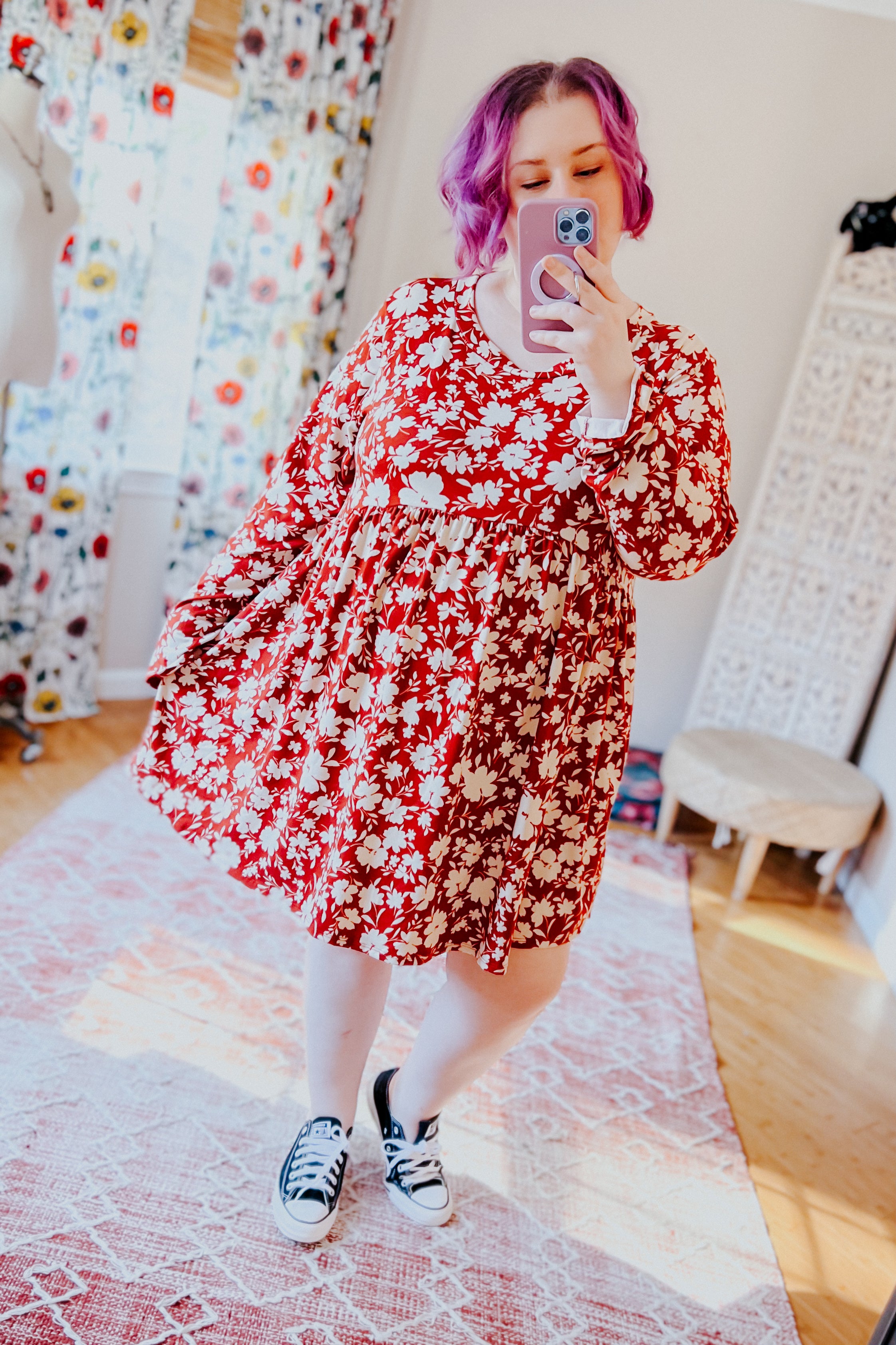 Just Be You Floral Long Sleeve Babydoll Dress • Rust