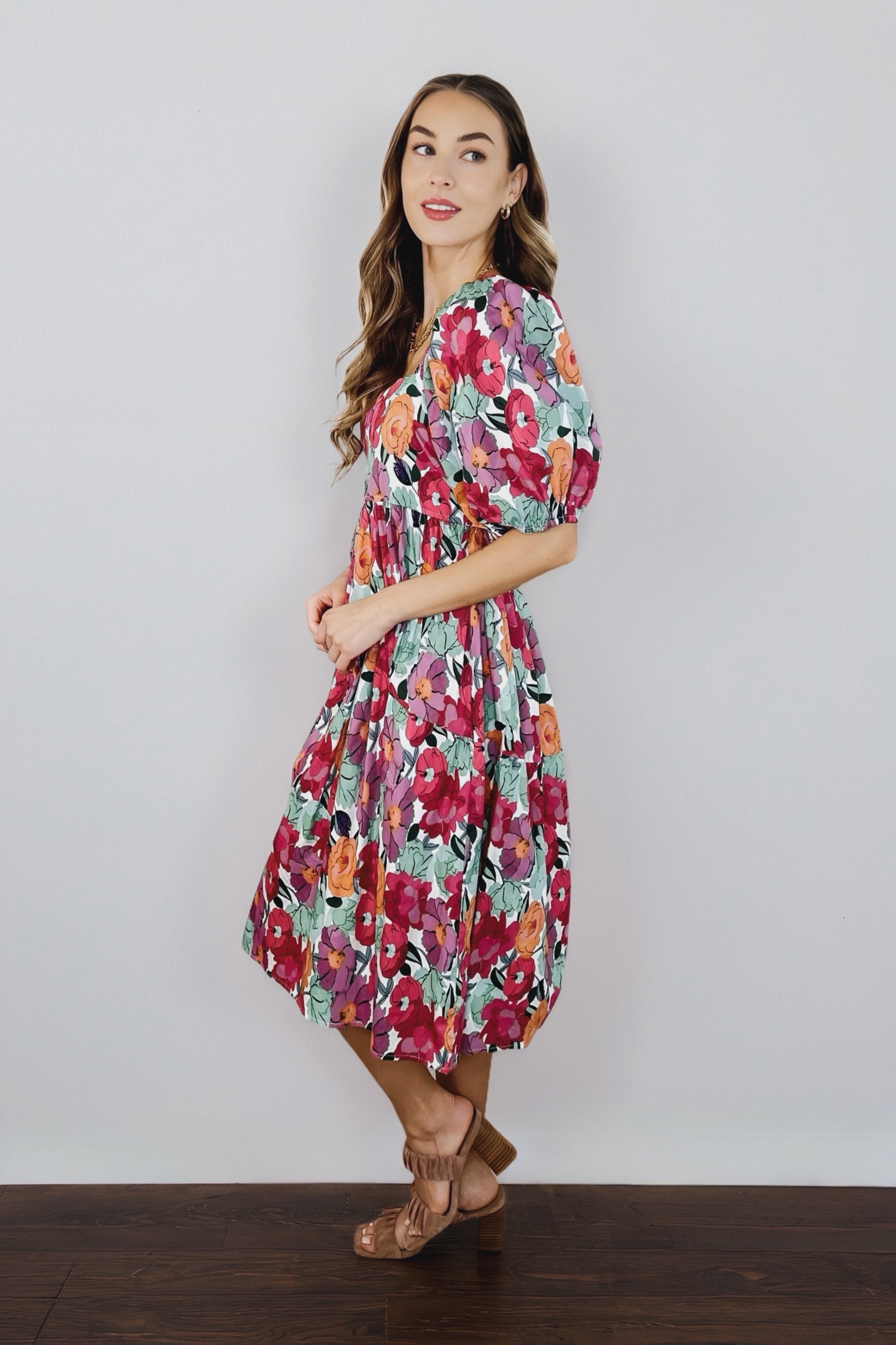 Dewdrop Blooms Puff Sleeve Floral Dress