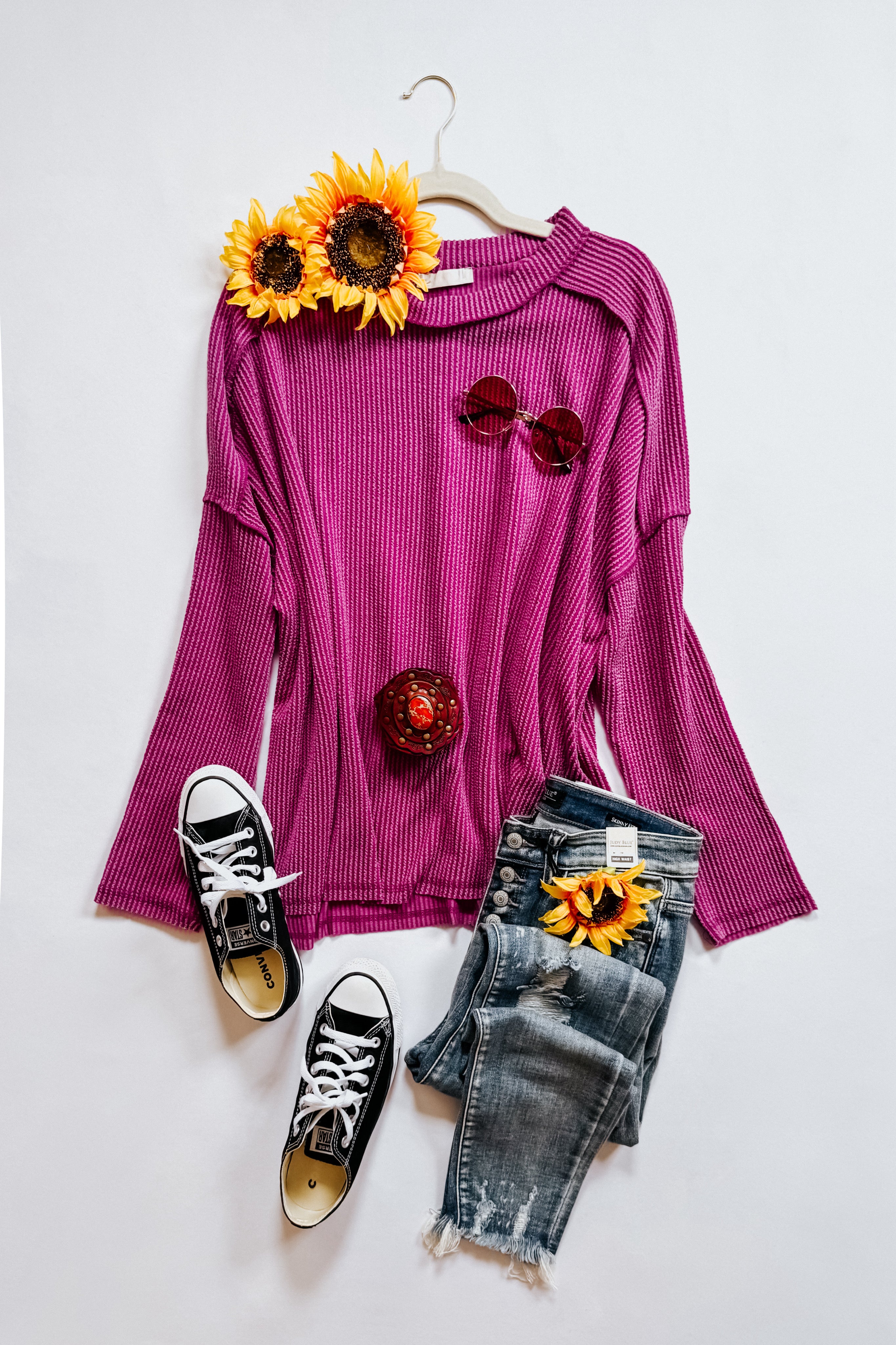 Wander & Rest Cable Ribbed Knit Drop Shoulder Top • Plum