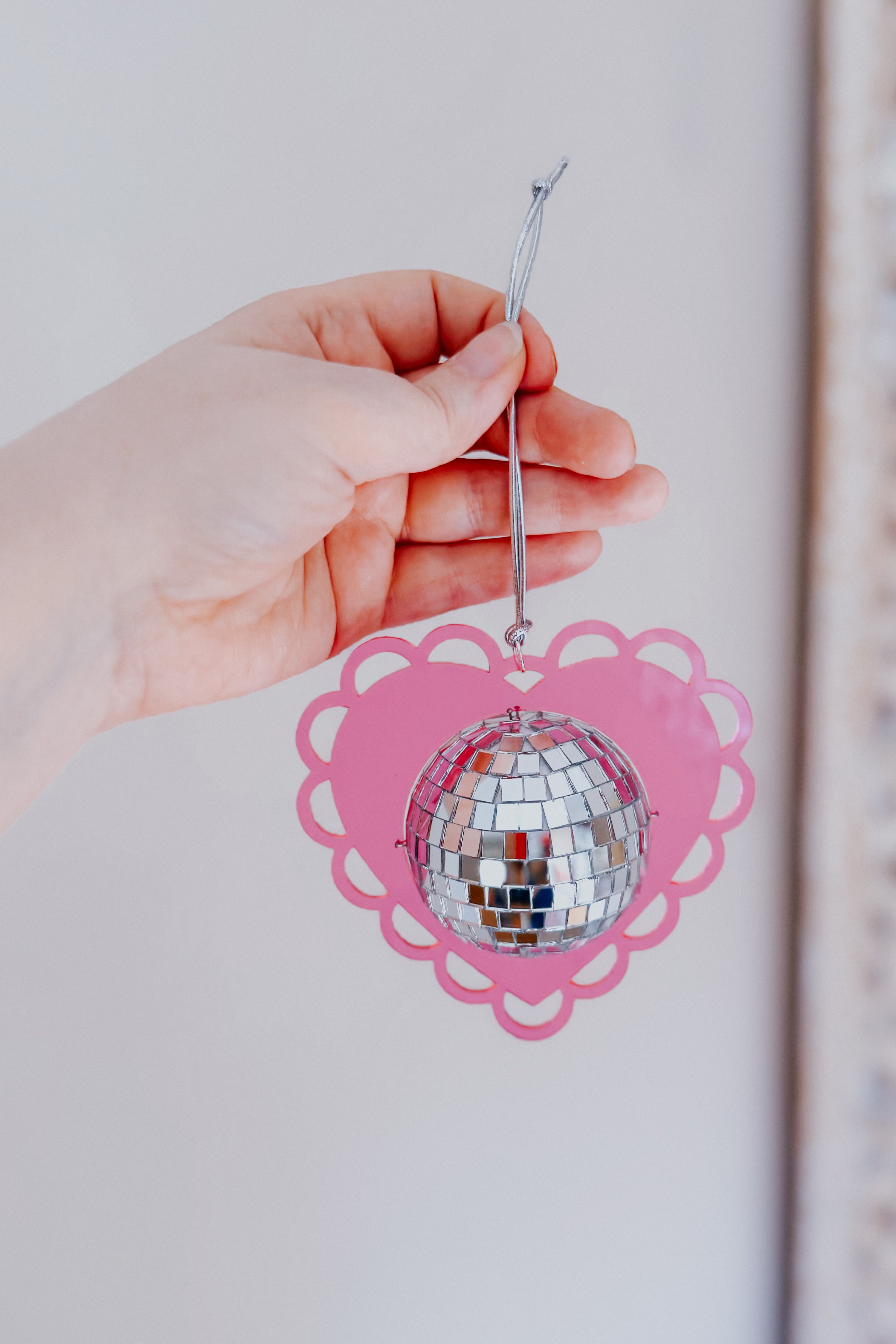 Hanging Mini Disco Scalloped Heart Sun Catcher • Light Pink