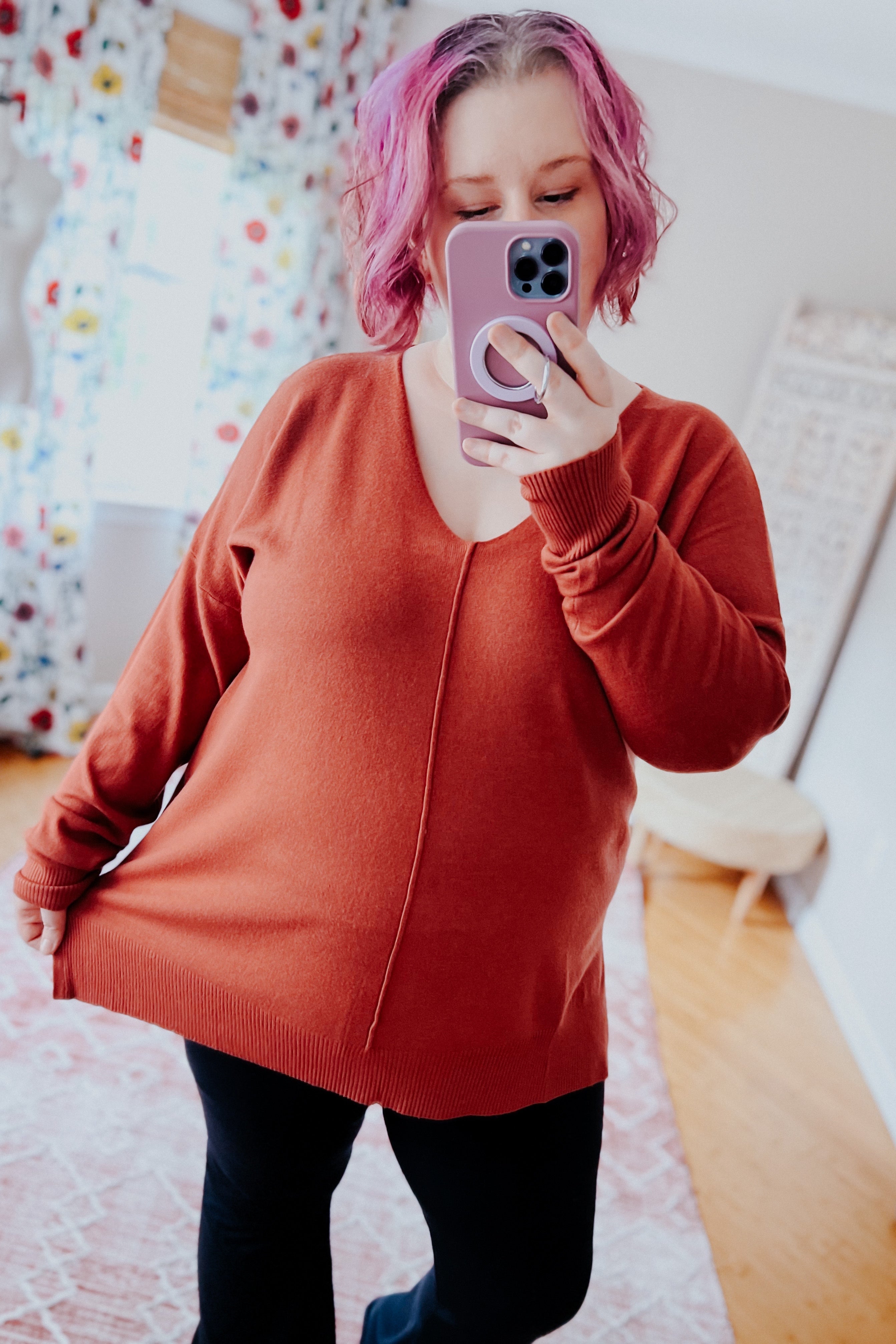 Hello Beautiful V Neck Sweater • Rust