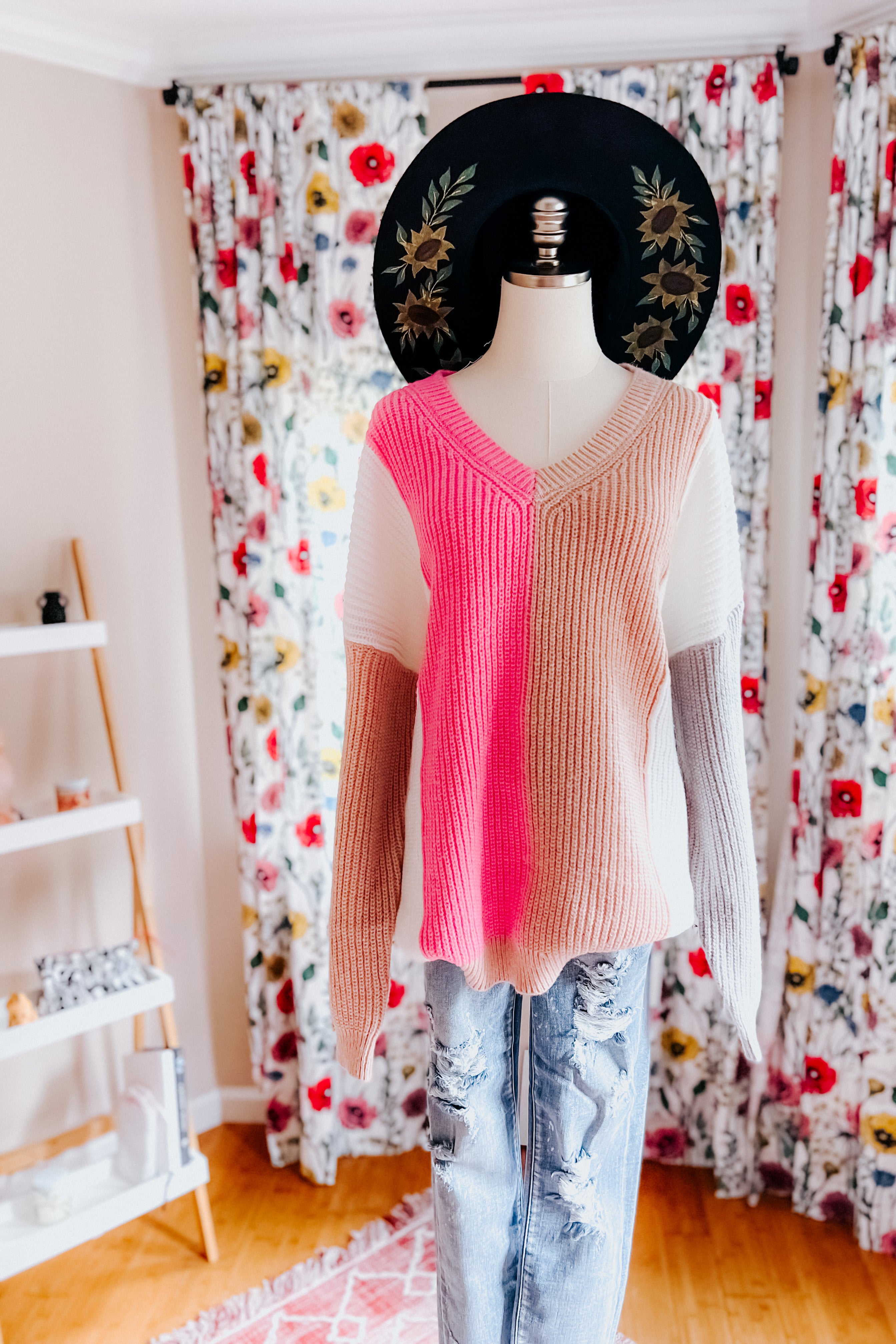 Always Mine V Neck Color Block Sweater Top
