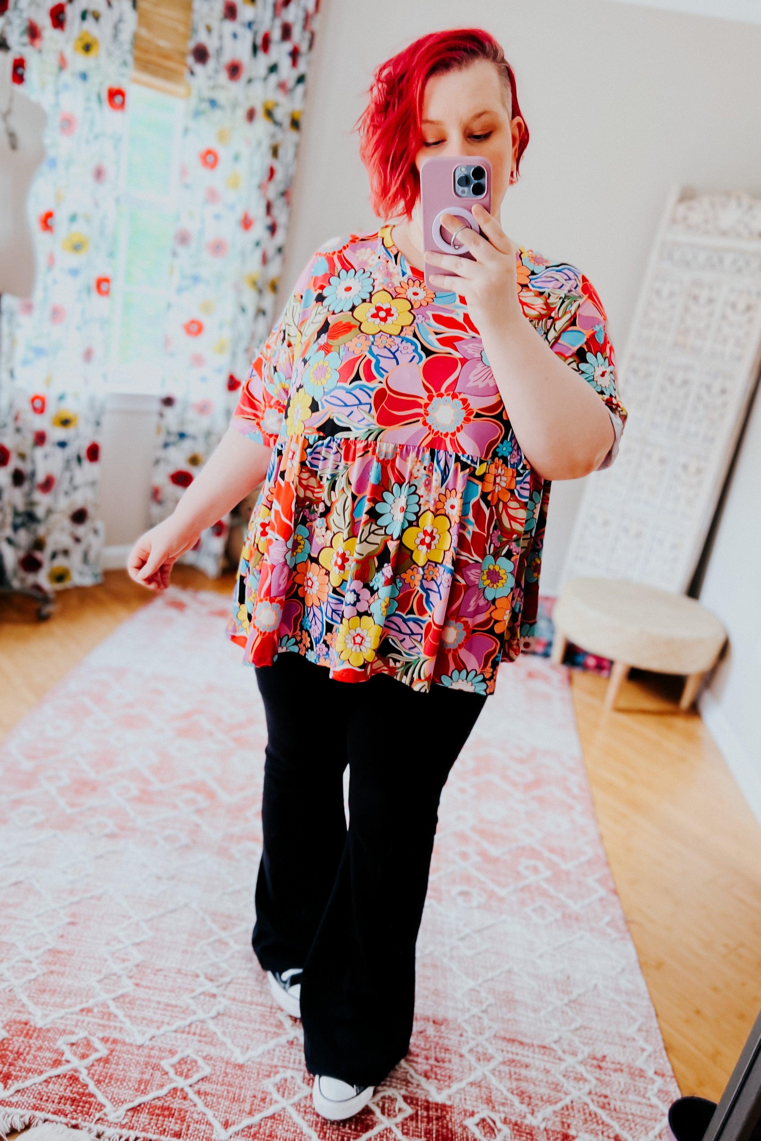 Retro Blossom Floral Babydoll Top - Atomic Wildflower