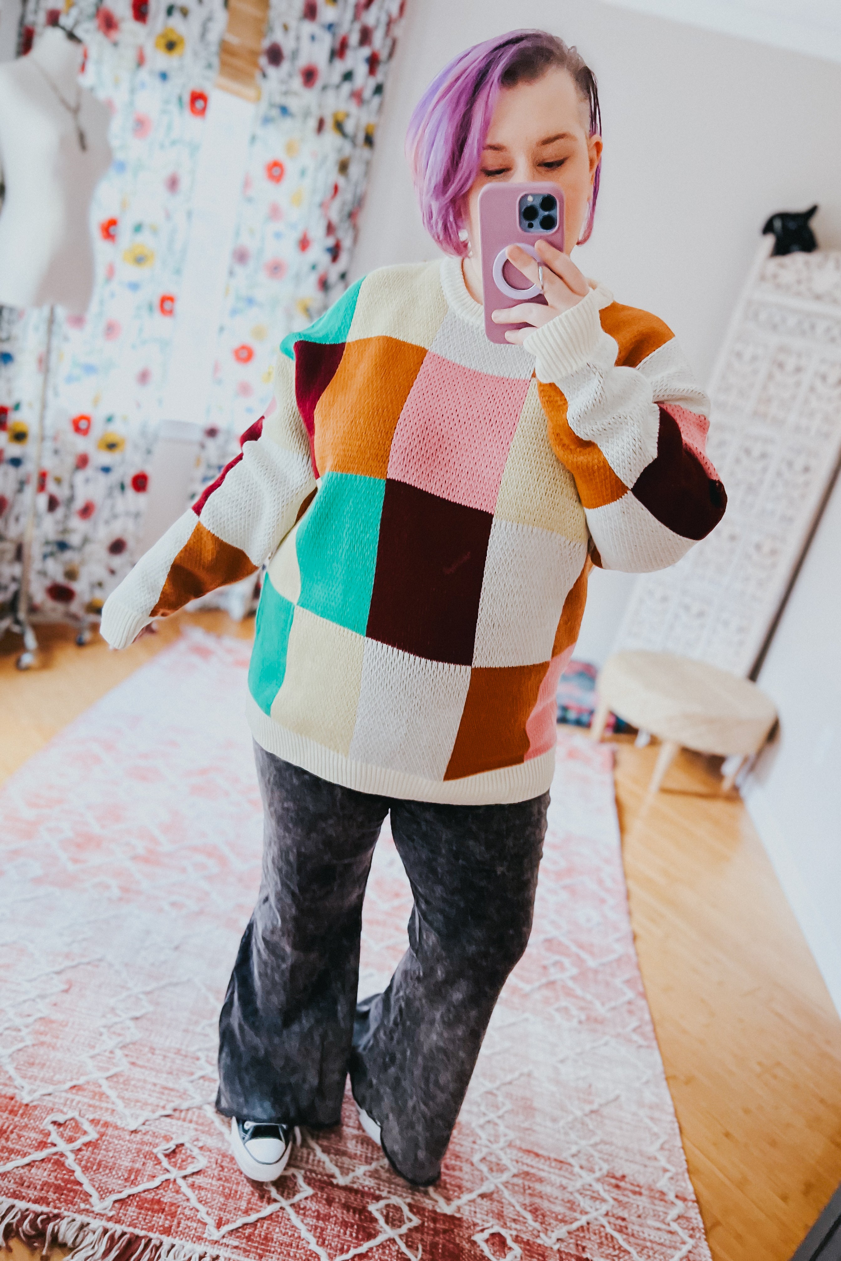 Adorable In Checker Jacquard Knit Sweater