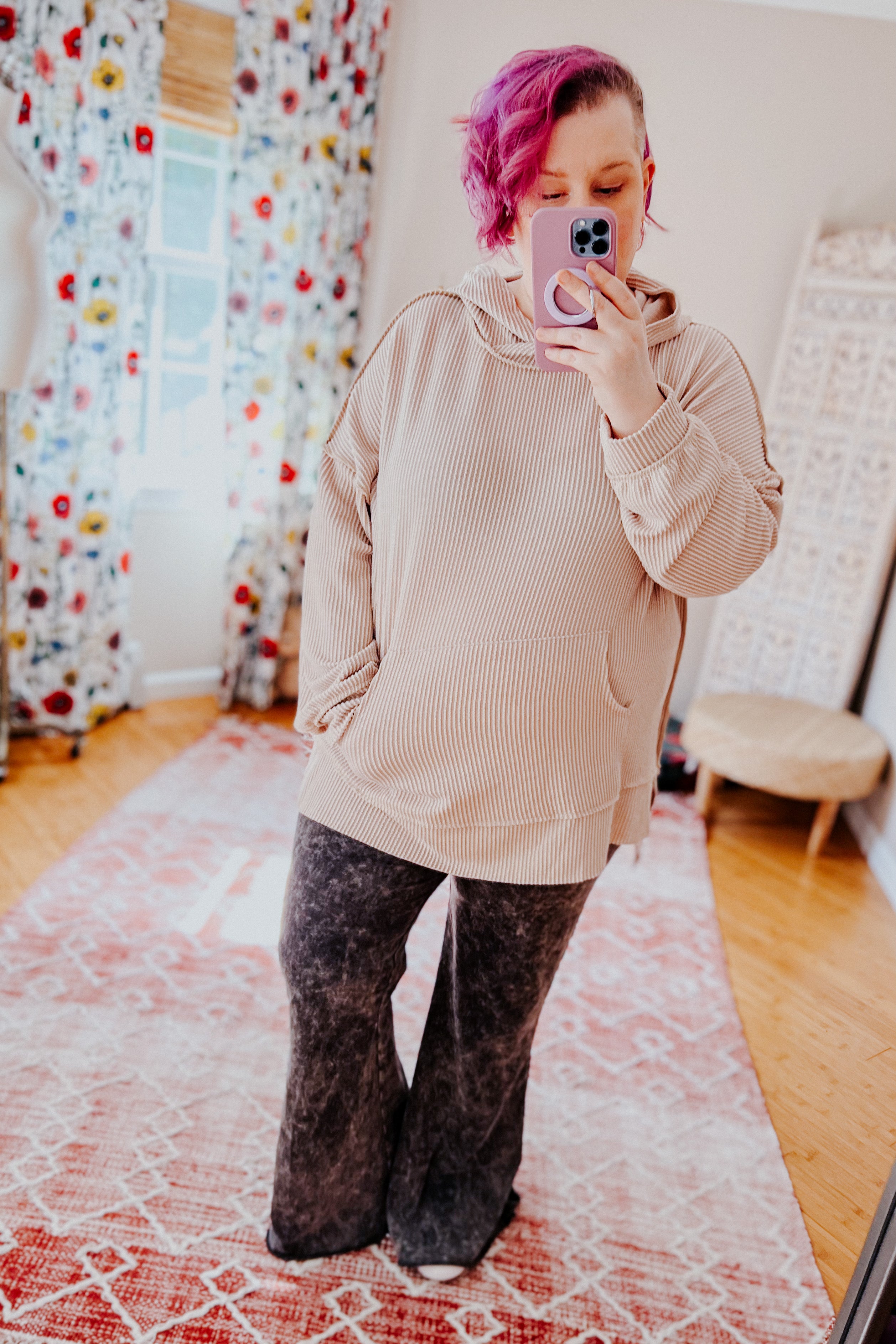 Cozy Up Mineral Wash Rib Knit Hoodie • Taupe