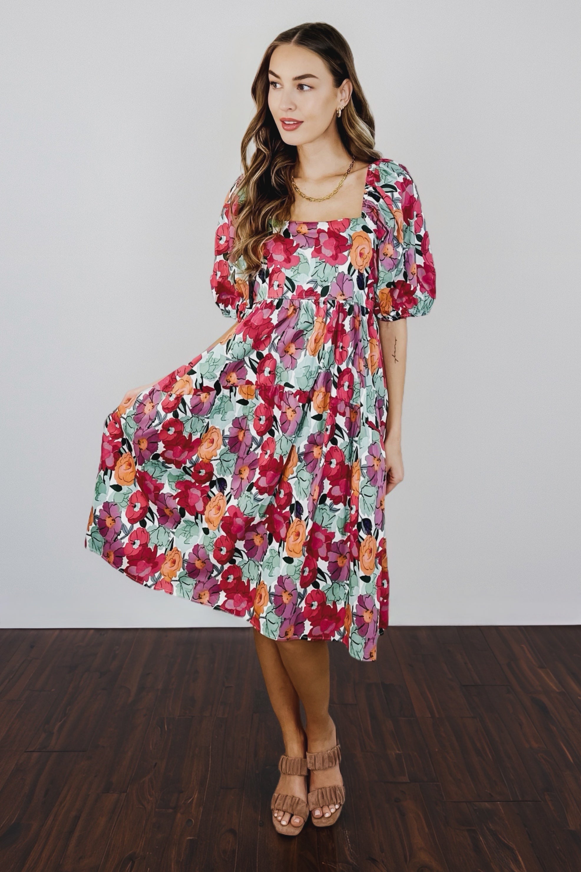 Dewdrop Blooms Puff Sleeve Floral Dress