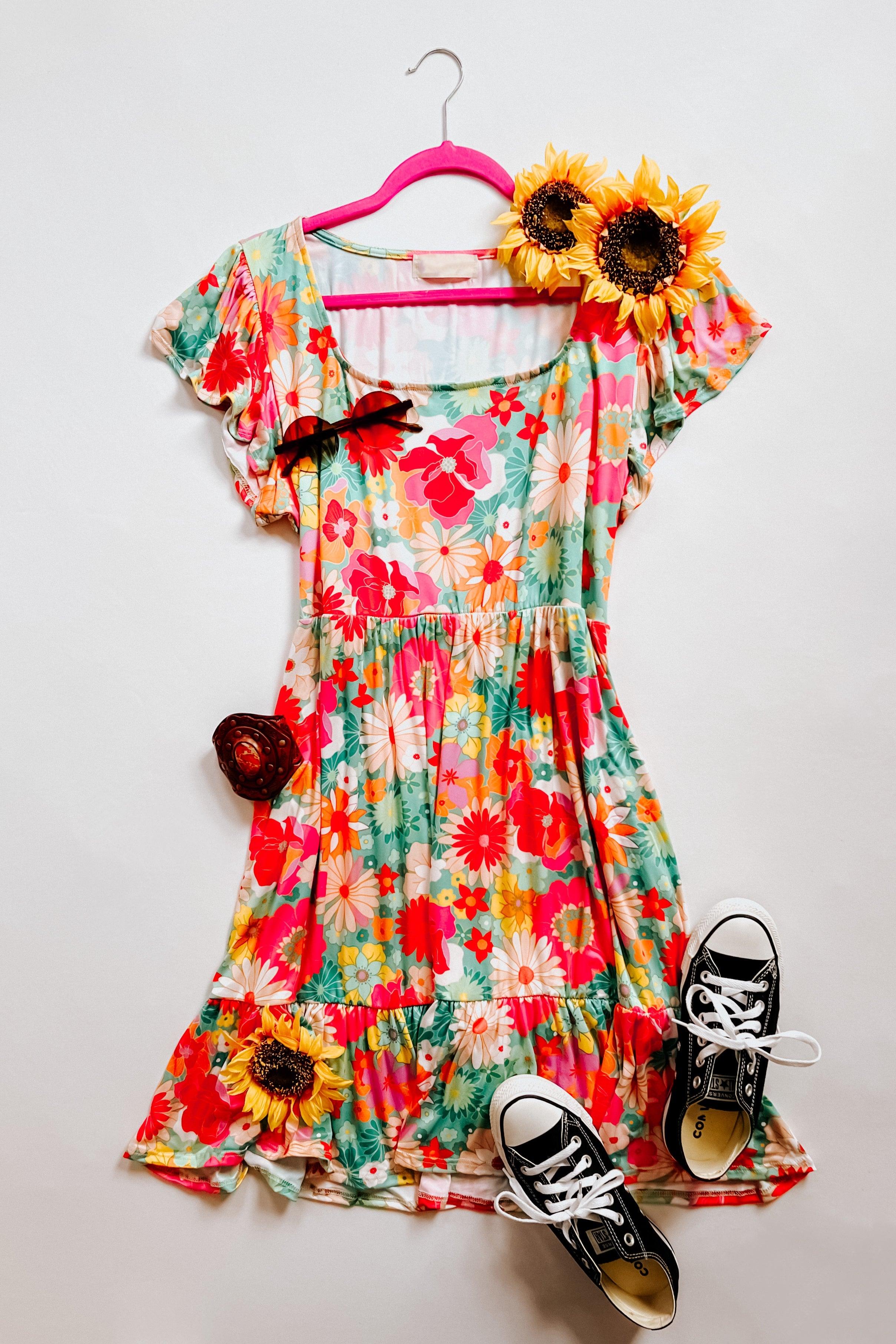 Sheen Of Spring Floral Square Neck Dress - Atomic Wildflower