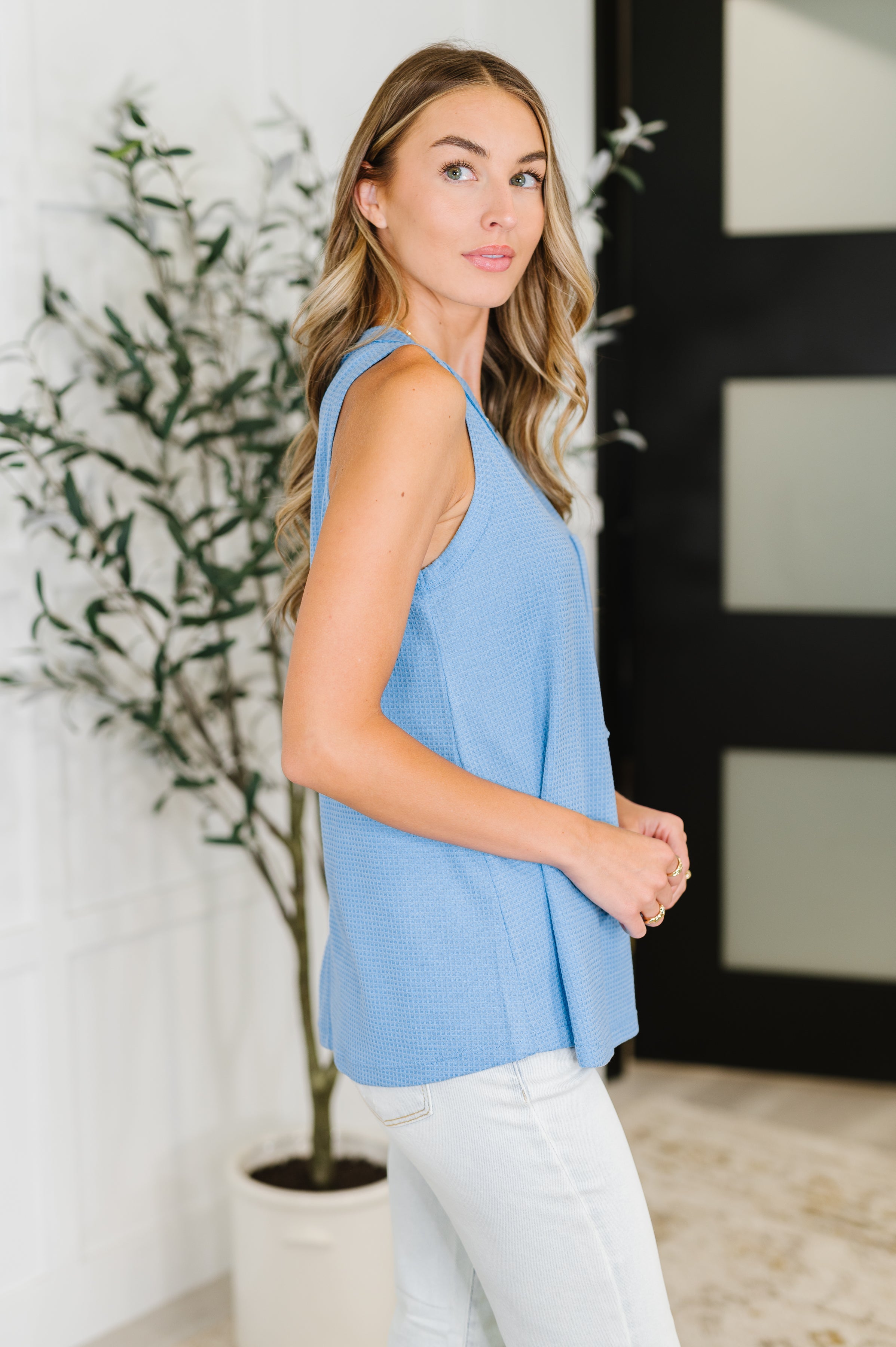 Buttoned Up Buttercup Sleeveless Top • Ocean Blue
