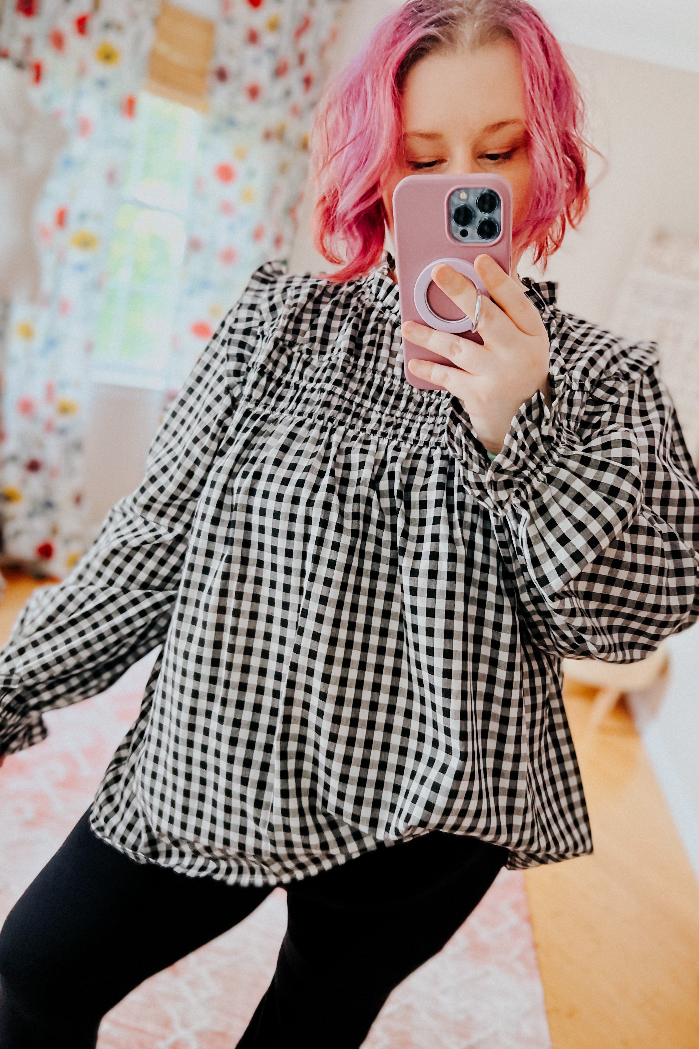 Adorable in Gingham Shirred Mock Neck Top • Black