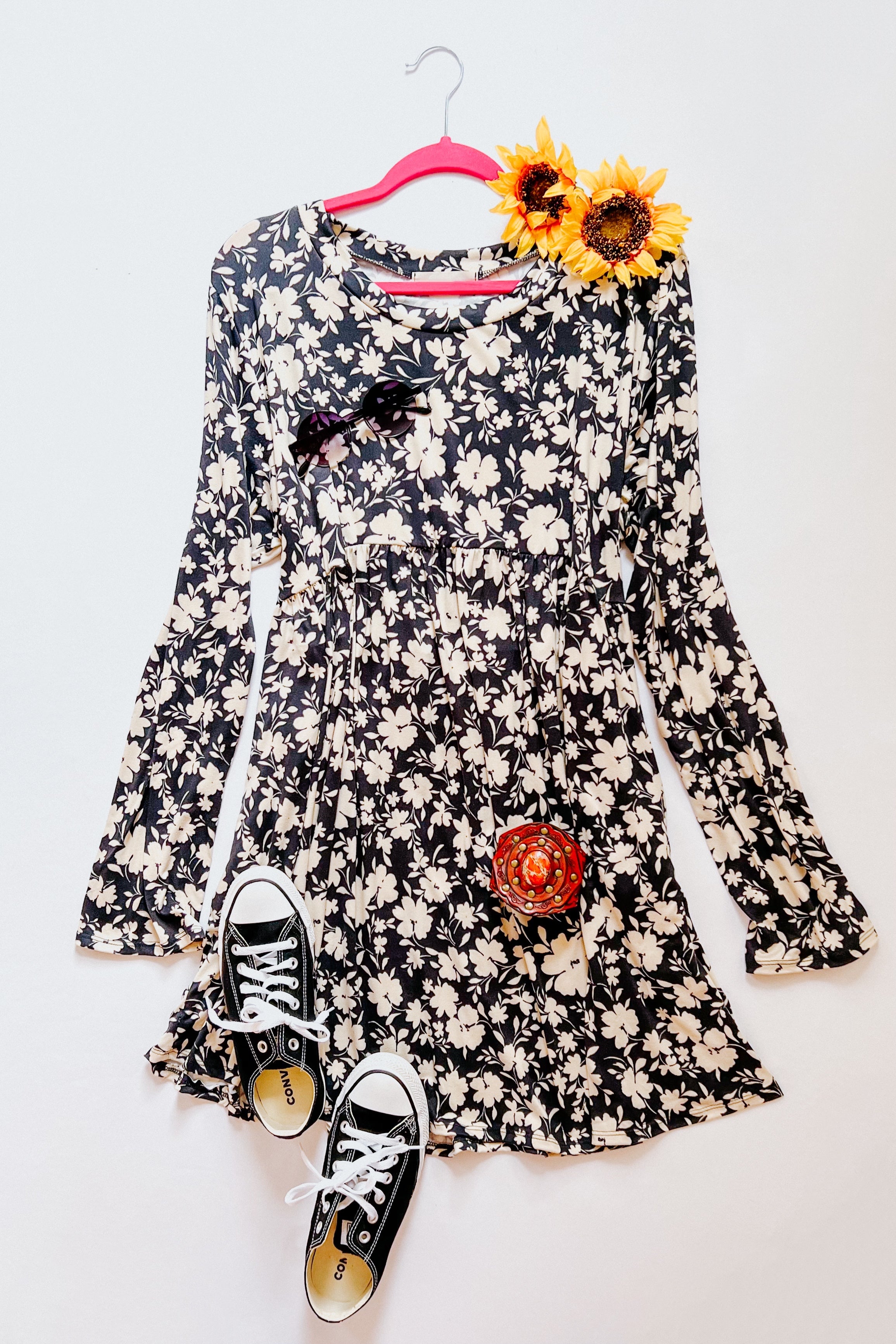 Just Be You Floral Long Sleeve Babydoll Dress • Charcoal Blue