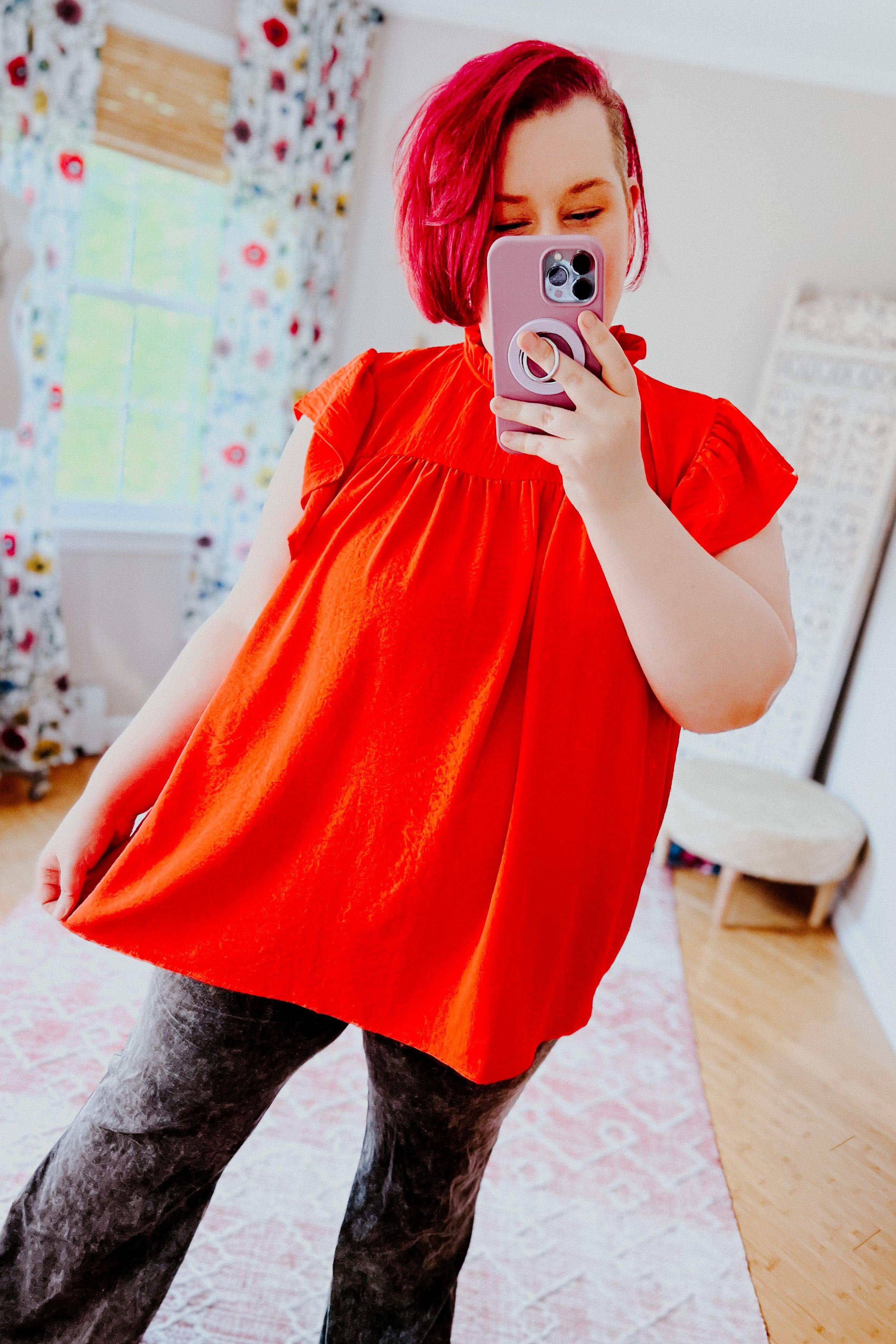 Morning Sun Mock Neck Flutter Sleeve Top - Atomic Wildflower
