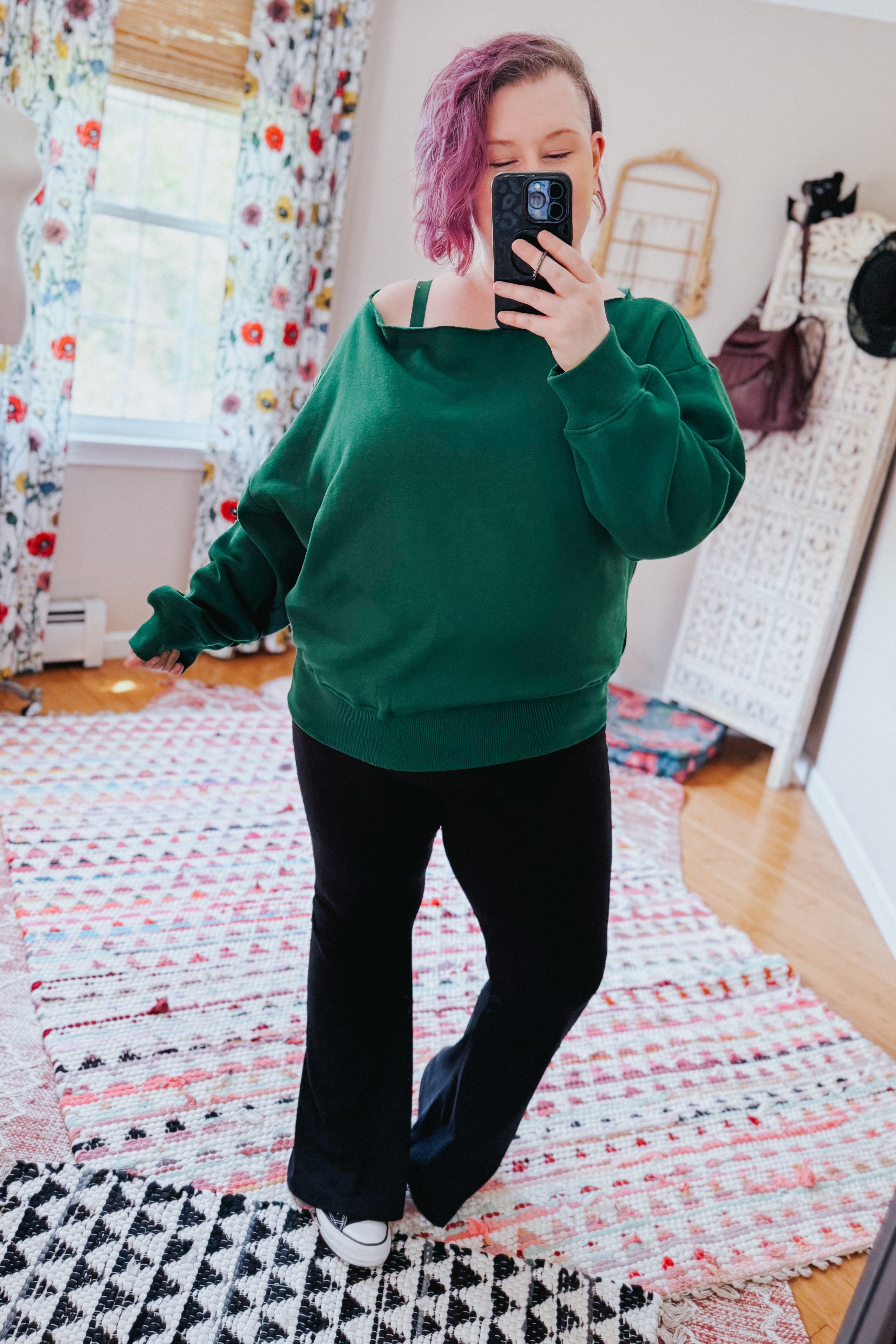 Side Hustle Off Shoulder Long Sleeve Top • Hunter Green