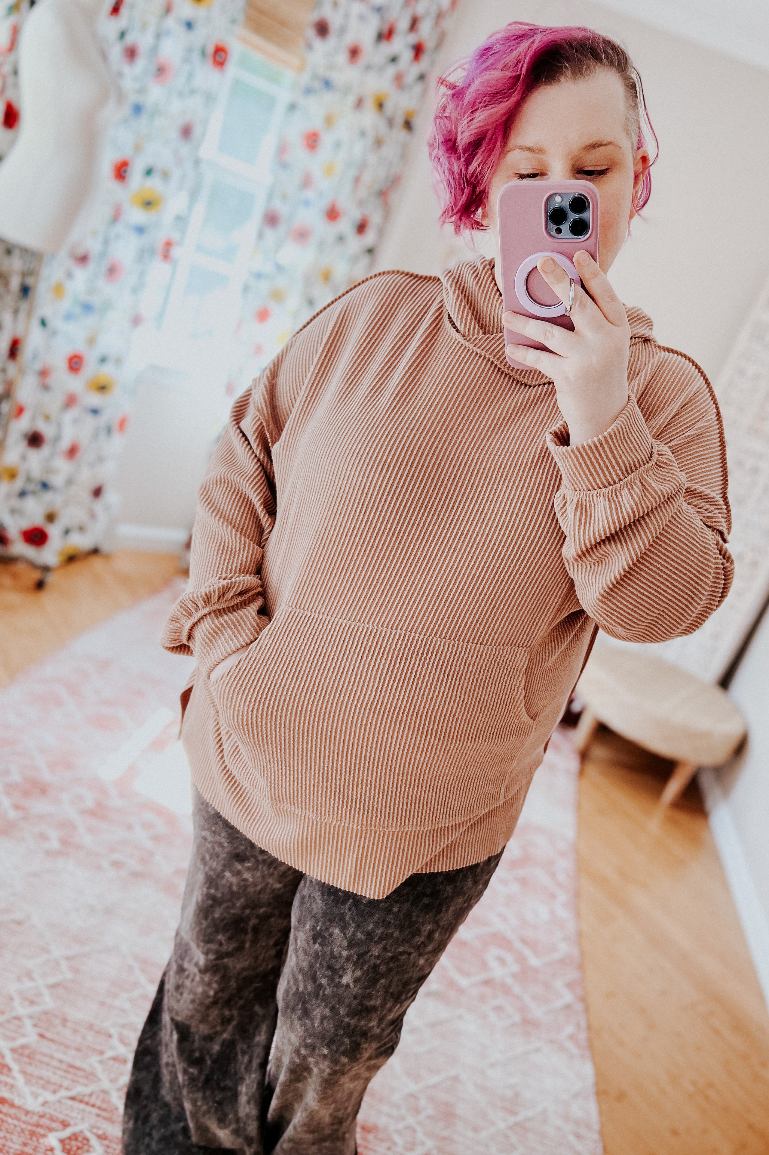 Cozy Up Mineral Wash Rib Knit Hoodie • Latte