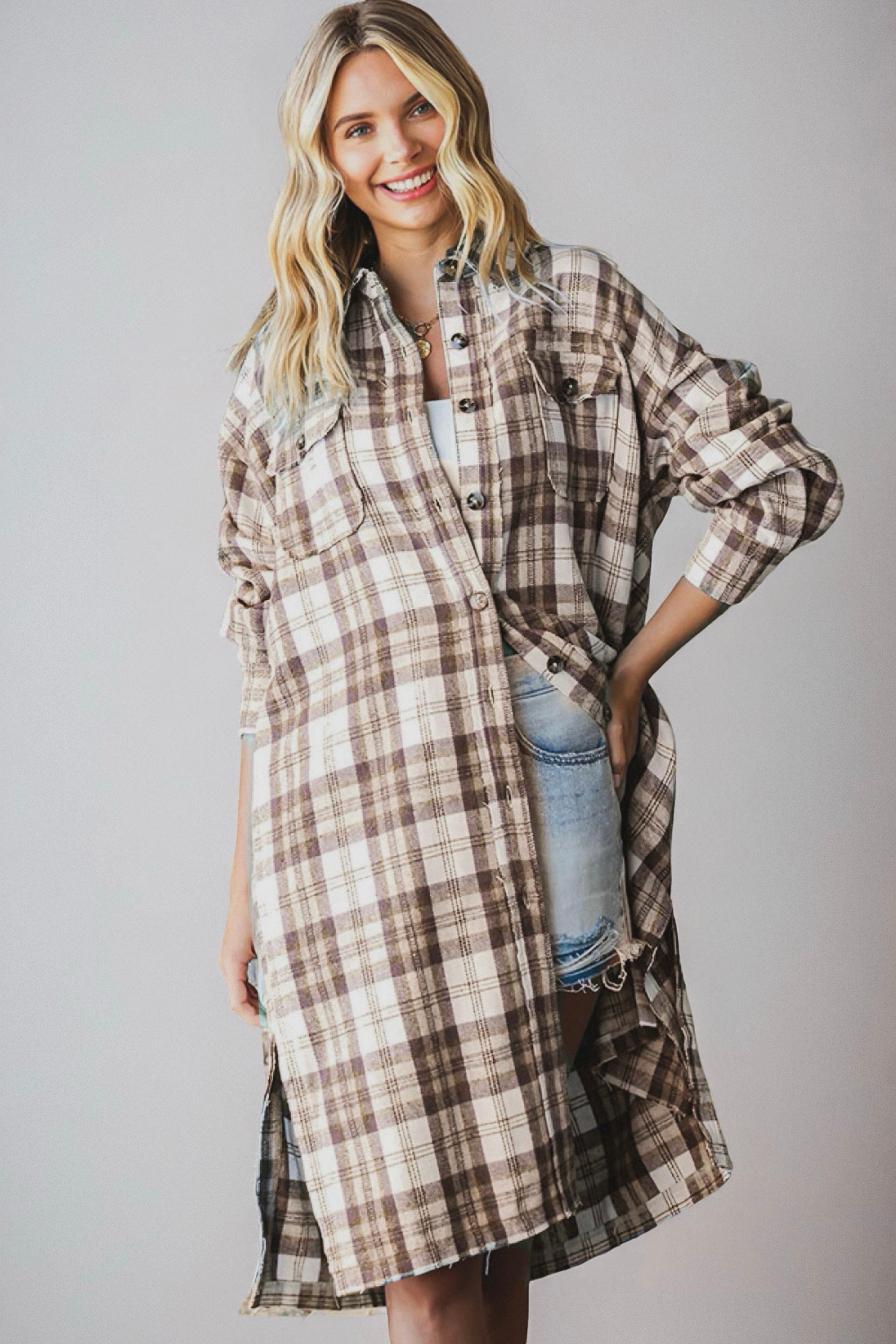Playful in Plaid Button Down Cardigan Top • Mocha
