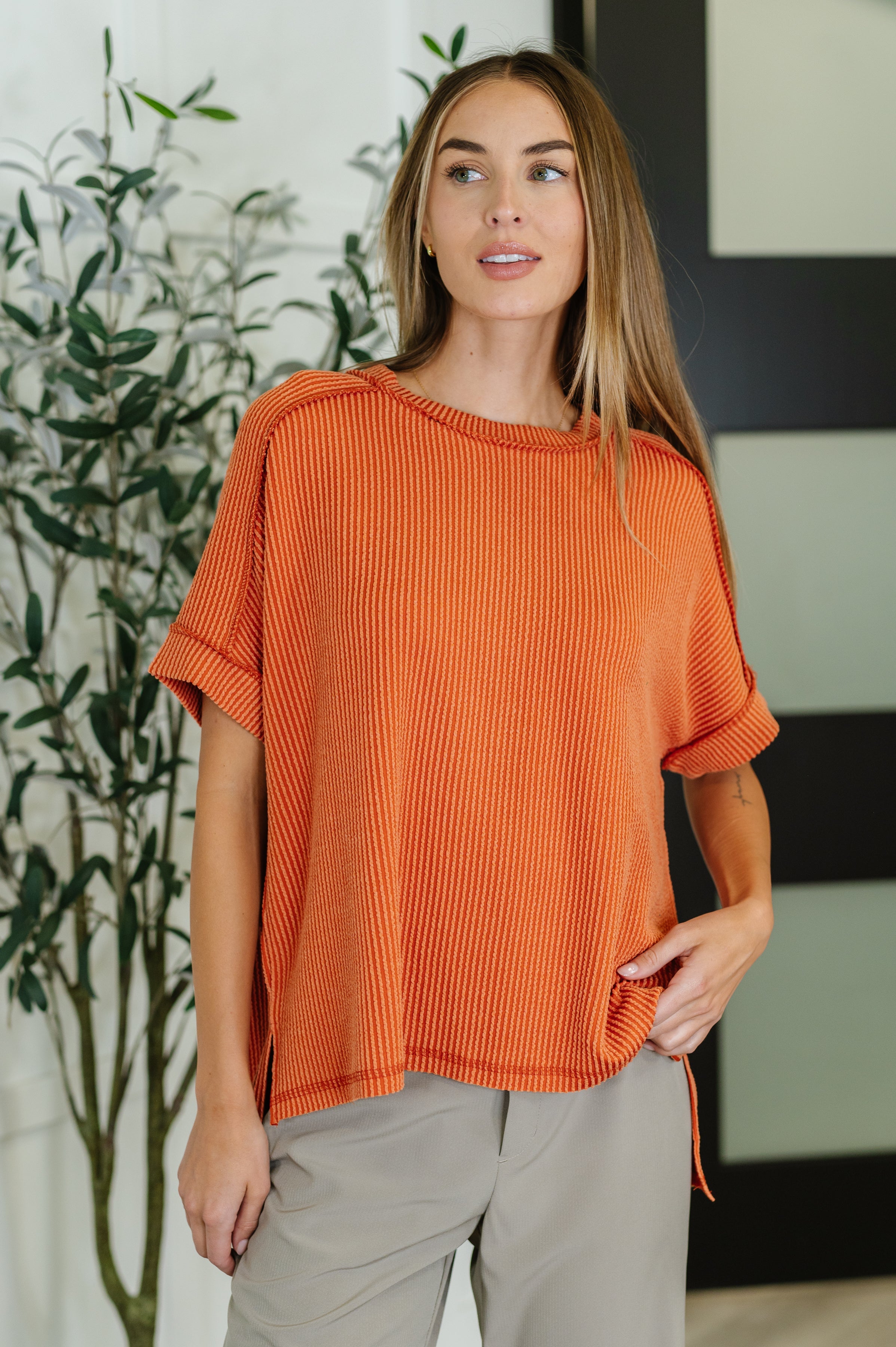 Catch Me Loungin’ Cable Ribbed Knit Top • Burnt Orange