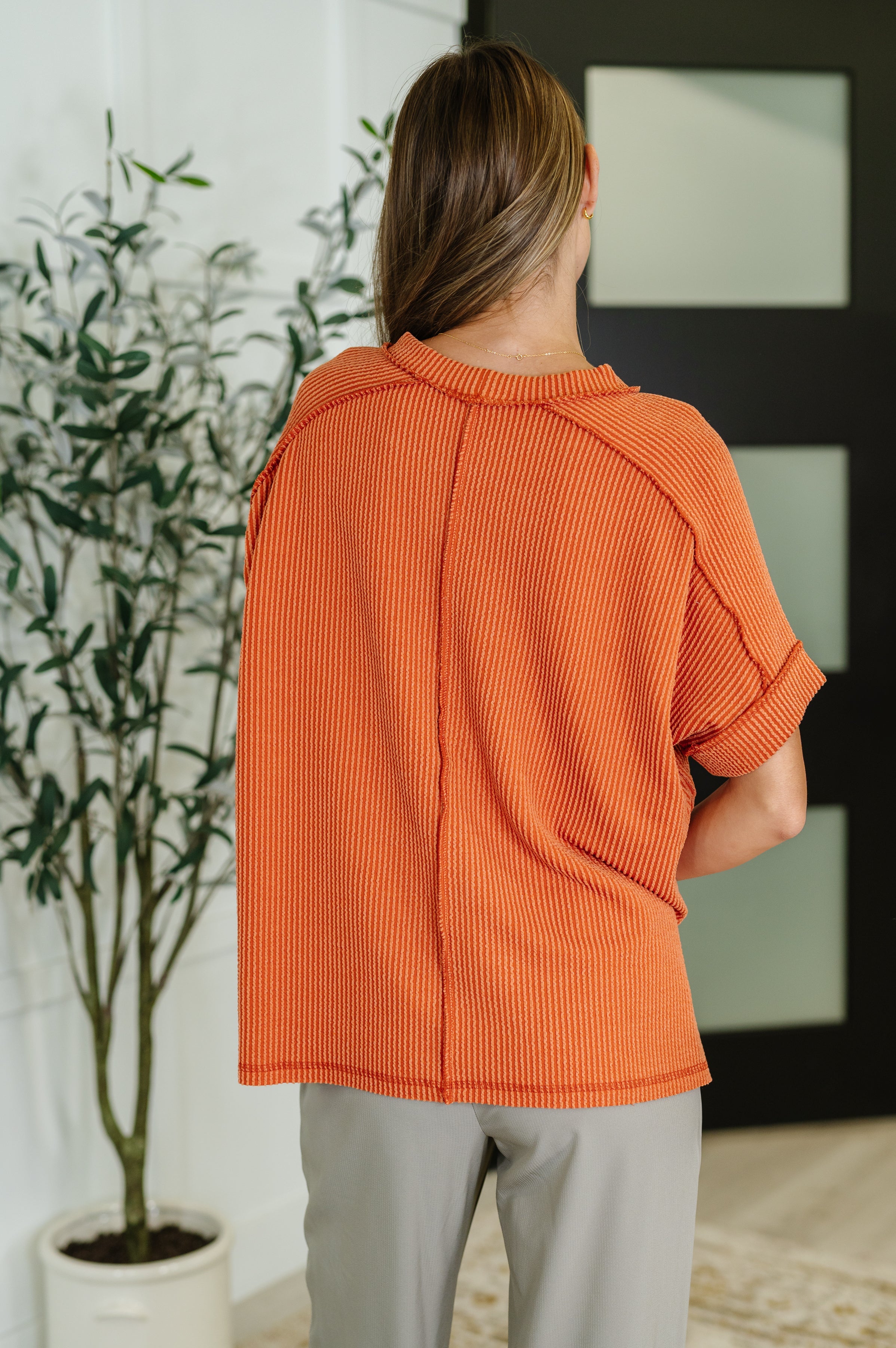 Catch Me Loungin’ Cable Ribbed Knit Top • Burnt Orange
