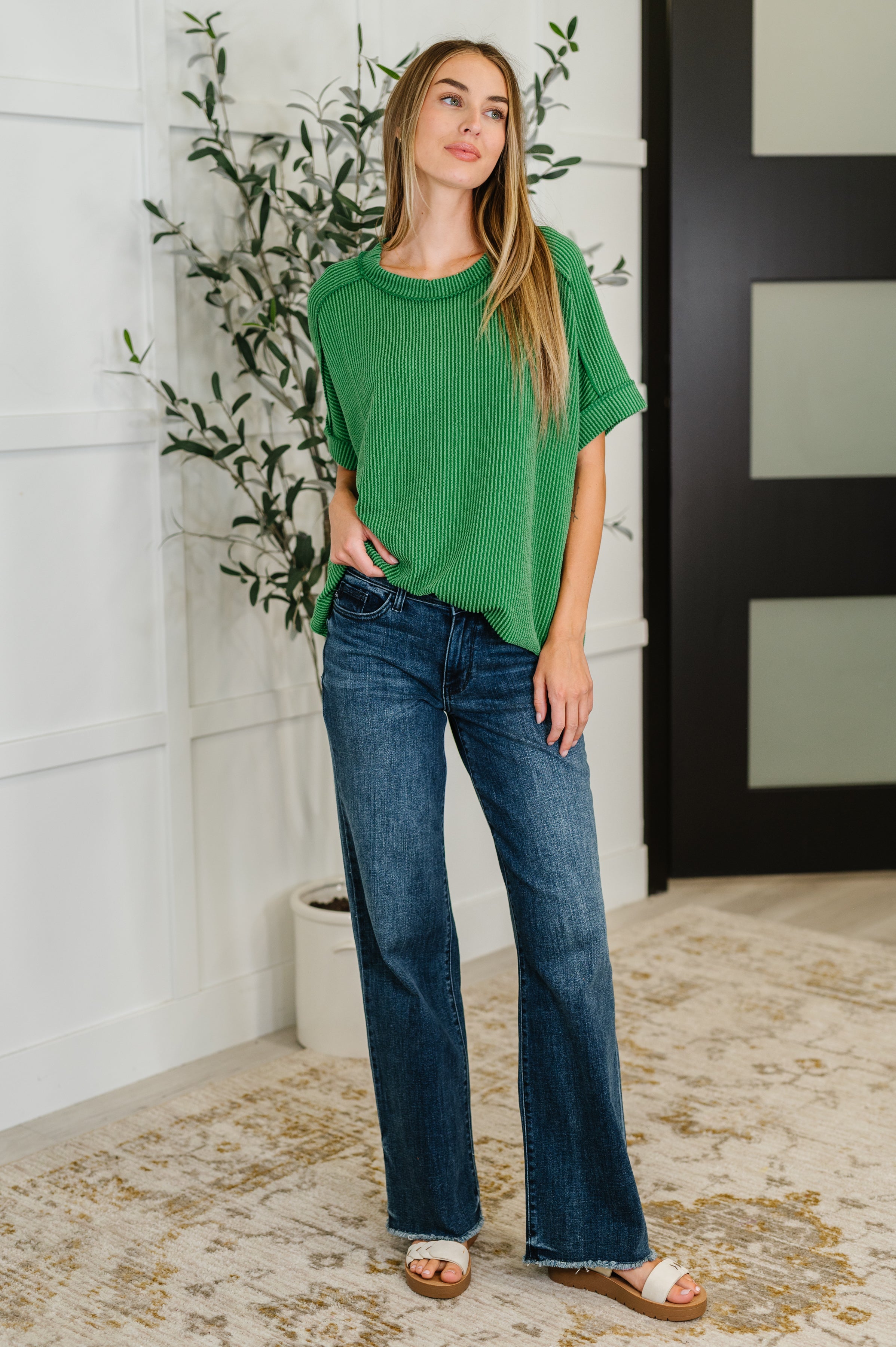 Catch Me Loungin’ Cable Ribbed Knit Top • Dark Green